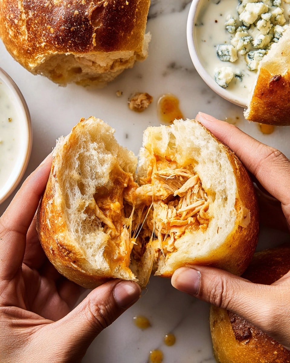 A close-up image shows a pair of hands breaking apart a round, golden-brown bread roll with a soft and chewy inside layer. The bread has a slightly crispy outer crust with a warm brown color and hints of seasoning. Inside, the roll reveals shredded light brown chicken mixed with melted orange cheese strings stretching between the two halves. Around, on a white marbled surface, are other pieces of the same bread and a small white dish filled with creamy white dipping sauce topped with chunks of blue cheese. Photo taken with an iphone --ar 4:5 --v 7