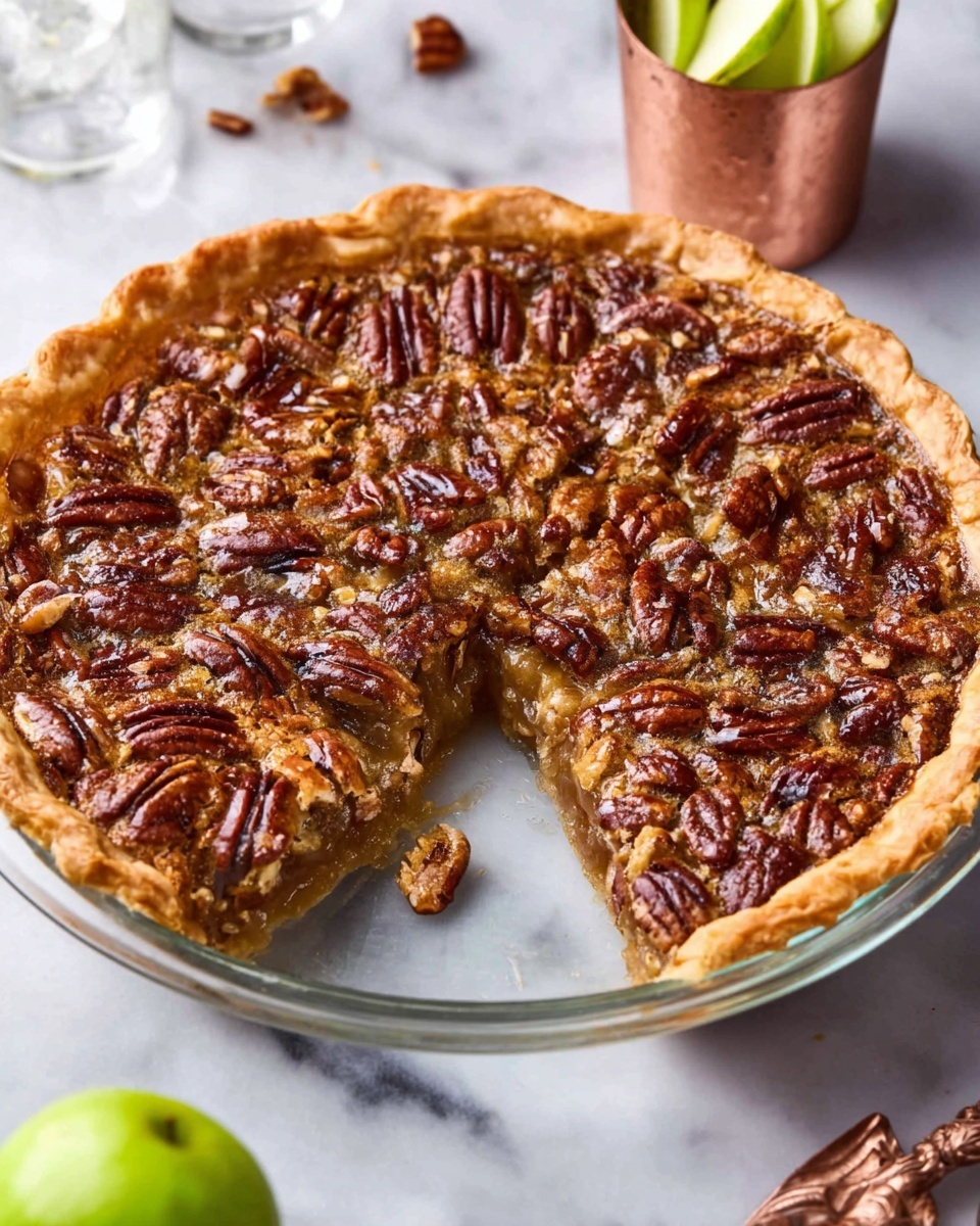 The image shows a pecan pie in a clear glass pie dish placed on a white marbled surface. The pie has one main layer with a golden-brown crust that is thick and flaky around the edges. Inside, there is a glistening layer of caramel-like filling covered with a dense layer of pecan halves, which are a rich brown color with visible texture and shine. Above and to the side of the pie is a round white bowl filled with whole pecans, and a few green apple slices are placed nearby on the surface. In the top left corner, there is a white scalloped plate on a beige cloth. Photo taken with an iphone --ar 4:5 --v 7
