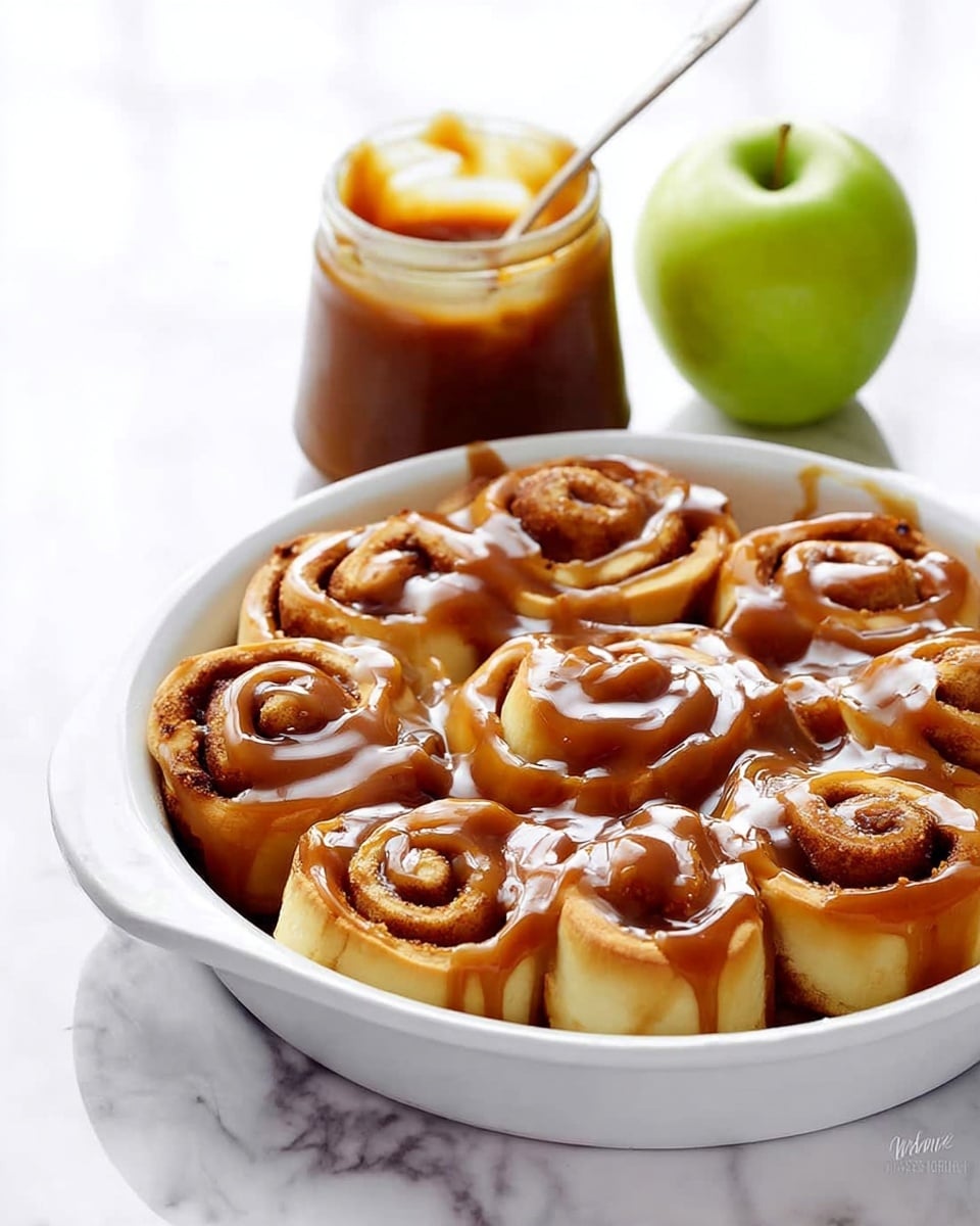 This image shows a white round dish with nine soft, swirled rolls covered in shiny caramel sauce. Each roll has a light golden color with a darker cinnamon filling visible in the folds. The caramel sauce is thick and glossy, dripping over the swirls and pooling slightly at the bottom, giving a rich, smooth texture on top of the soft rolls. The dish is set on a white marbled surface. photo taken with an iphone --ar 4:5 --v 7