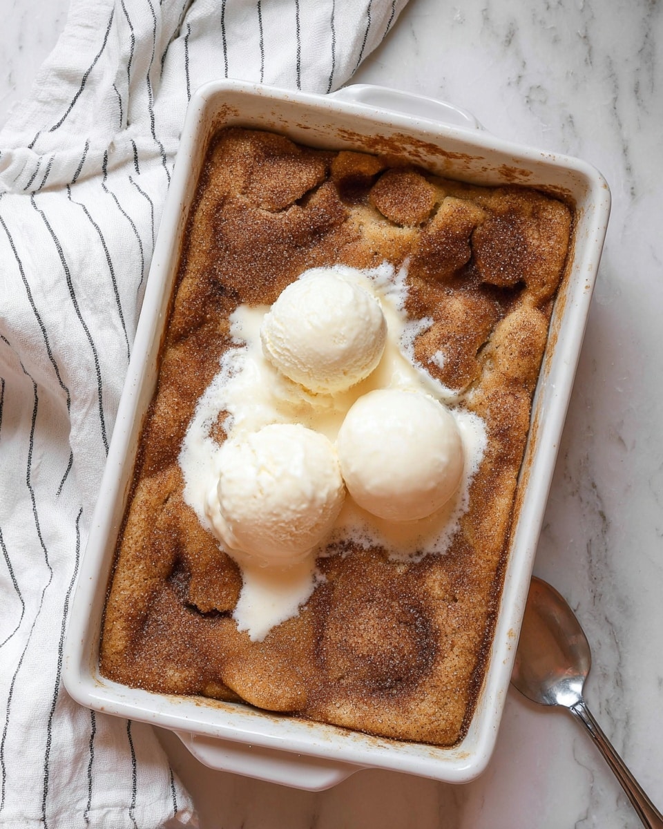 A white rectangular baking dish sits on a white marbled surface, filled with a baked dessert that has a soft, golden-brown crust dusted with cinnamon and sugar. The crust looks uneven and slightly cracked in places, showing a warm and cozy texture. On top in the center, there are three scoops of smooth, creamy vanilla ice cream starting to melt, creating white creamy pools that blend into the cinnamon crust. Nearby, a white cloth with black stripes is partially visible, adding a simple and clean touch to the scene. Photo taken with an iphone --ar 4:5 --v 7