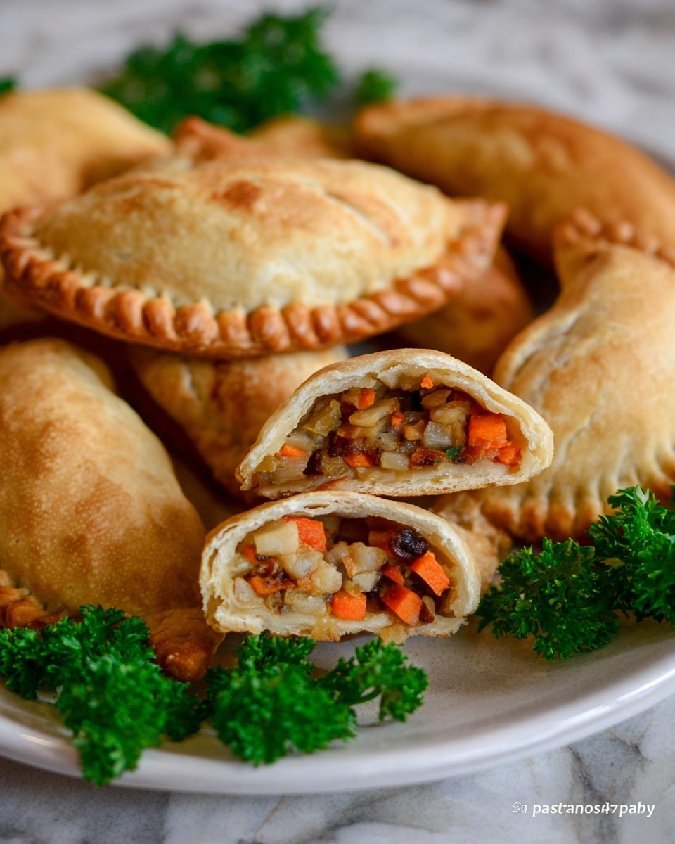 A white plate holds a group of golden-baked pastries, some whole and others sliced to show a filling of small beige pieces, bright orange carrot cubes, and darker brown bits, all wrapped in a flaky, light brown crust. The pastries are arranged in the center with fresh green parsley leaves placed in front, adding a pop of color. The background is a white marbled texture that complements the warm tones of the food. The photo has a close-up focus, capturing the soft texture of the crust and the colorful filling inside, photo taken with an iphone --ar 4:5 --v 7