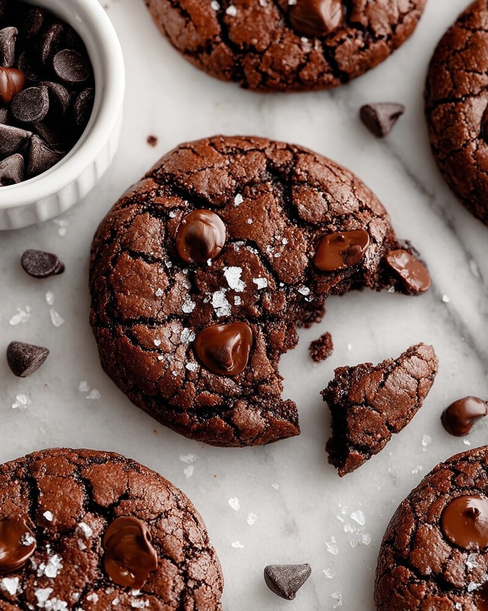 A close-up view of several small, round chocolate cookies with a cracked texture and rich dark brown color. Each cookie has a few large chocolate chips embedded on top, some slightly melted, with a sprinkling of coarse white salt flakes. One cookie is in the center with a bite taken out, showing its soft inside. The cookies rest on a white marbled surface, with some loose chocolate chips and salt flakes scattered around. To the side, a white bowl filled with more chocolate chips is partially visible. photo taken with an iphone --ar 4:5 --v 7