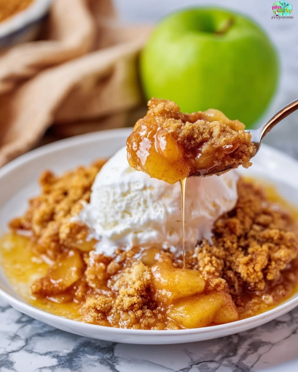 The image shows a white plate filled with a warm apple crumble dessert. The bottom layer is made of soft, cooked apple pieces with a golden-orange syrupy look, topped with a thick, crumbly layer of golden brown crisp topping. On top of the crumble is a scoop of white ice cream, slightly melting and mixing with the warm crumble. A spoon is lifting a bite from the plate, showing a mix of the orange apple filling, crunchy topping, and creamy ice cream dripping slightly. In the background, there is a green apple and a light brown cloth, all set on a white marbled surface. photo taken with an iphone --ar 4:5 --v 7