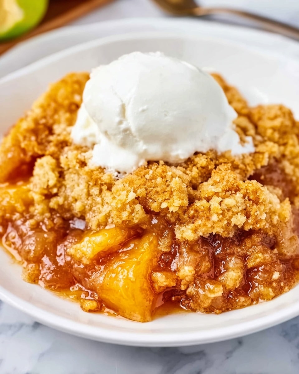 The image shows a white plate with a warm, golden-brown peach cobbler. The cobbler has a crumbly, slightly crispy top layer with a rough texture, golden with some darker, baked spots. Beneath this is a thick, glossy layer of soft, orange peach filling with visible peach slices mixed in a syrupy sauce. On top of the cobbler, there is a smooth, white dollop of cream or ice cream beginning to melt slightly into the warm dessert. The plate rests on a white marbled surface. photo taken with an iphone --ar 4:5 --v 7