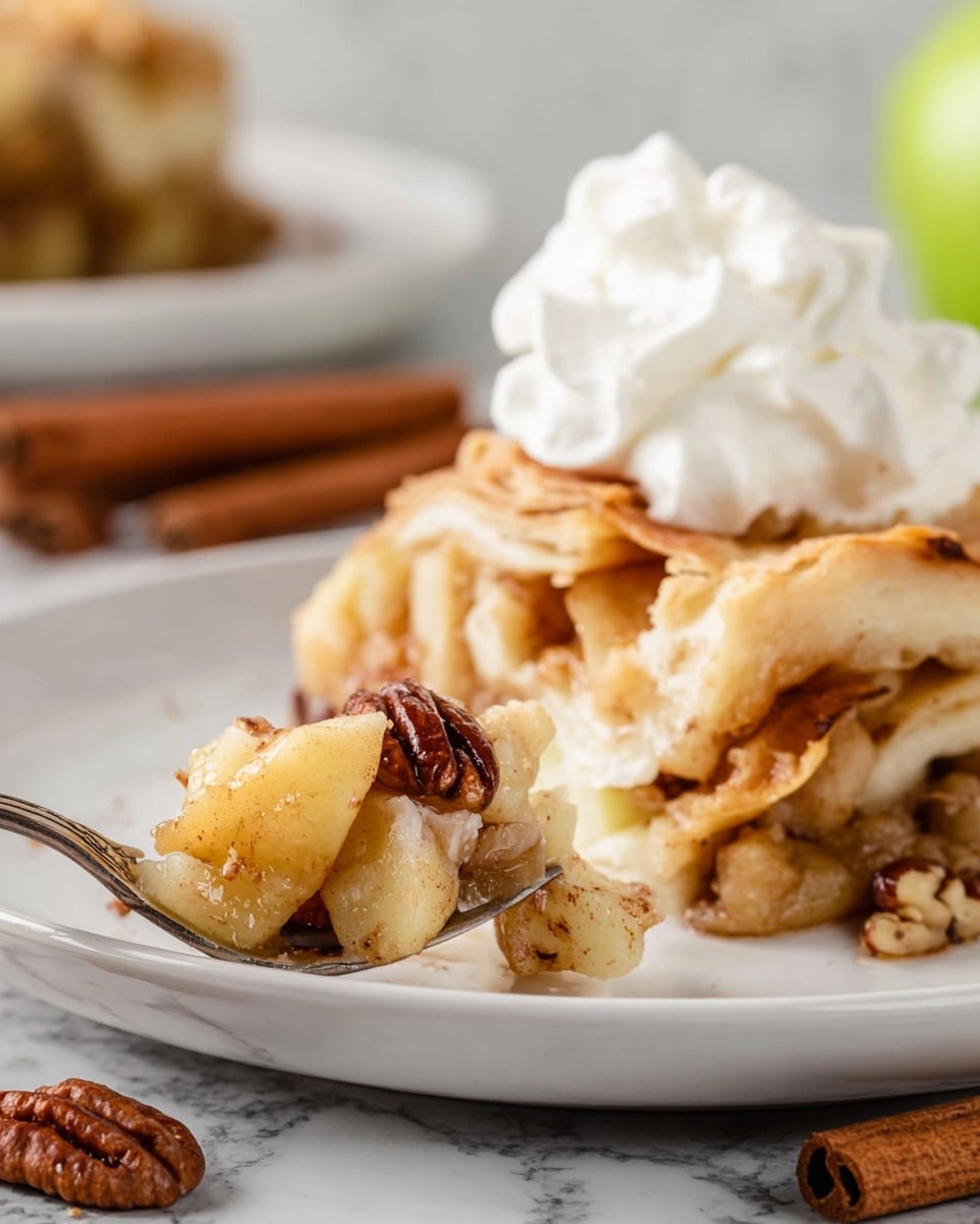 A close-up of a white plate with a layered dessert that includes soft, light brown pastry pieces mixed with tender apple slices and dark pecan nuts at the center, topped with a smooth, white dollop of whipped cream on the side. A silver fork holds a bite showing flaky pastry, creamy filling, a piece of apple, and a pecan nut. The background is a white marbled texture with some cinnamon sticks visible near the bottom right. Photo taken with an iphone --ar 4:5 --v 7