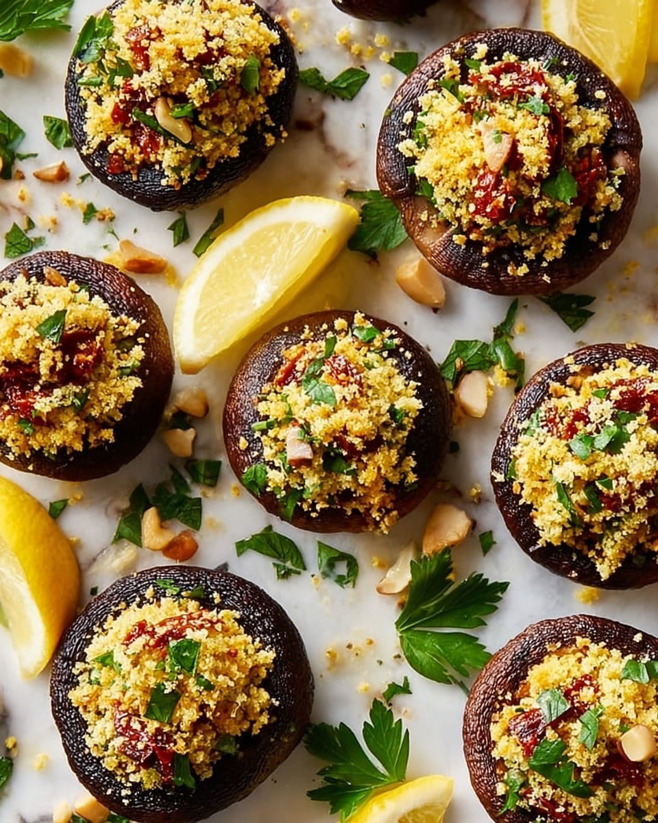 The image shows a group of small stuffed mushrooms arranged on a baking tray with a slightly shiny silver surface. Each mushroom cap is dark brown with a rough texture and is filled with a creamy, light beige topping mixed with small bits of green herbs and dark brown nuts. The filling is piled high over the edges of the mushroom caps, giving a layered look with the dark mushroom base and chunky, textured filling on top. Small green herb bits are sprinkled over the mushrooms and tray, adding color contrast. The light and focus create a close-up view that highlights the textures and details of both the mushroom caps and the creamy filling. Photo taken with an iphone --ar 4:5 --v 7