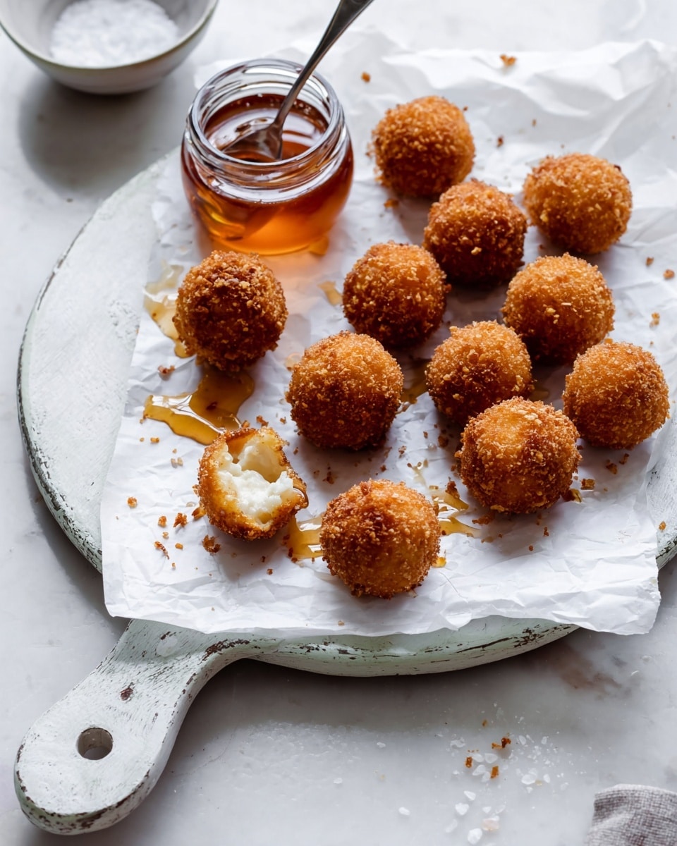 A white round tray lined with crinkled white paper holds about a dozen small, golden brown, crispy balls evenly spread out. One ball is broken showing soft, white filling inside. There is a small glass jar with amber honey and a spoon inside placed near the balls, with honey droplets scattered on the paper. The tray handle has a rustic white wooden grip, and in the background, a small white bowl with coarse salt is partially visible on a white marbled surface. photo taken with an iphone --ar 4:5 --v 7