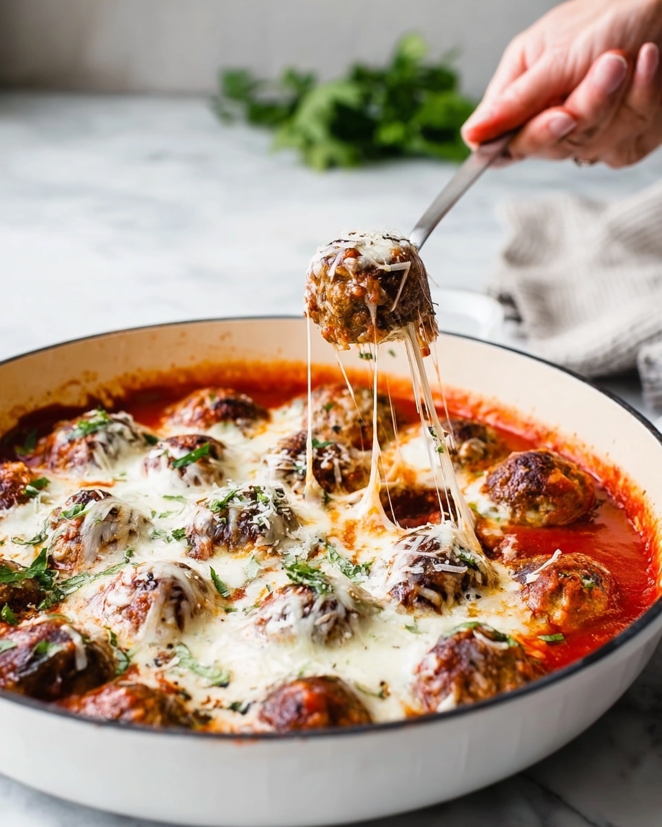 A white bowl filled with several round meatballs in thick red tomato sauce, some topped with melted white cheese that looks soft and stringy. One meatball is split open on top, showing a dense, crumbly, light brown inside with green herbs mixed in. Bright green thin strips of fresh basil are scattered over the meatballs and sauce, adding a fresh contrast. The bowl is set on a white marbled surface. The image looks close-up and detailed with warm lighting. Photo taken with an iphone --ar 4:5 --v 7