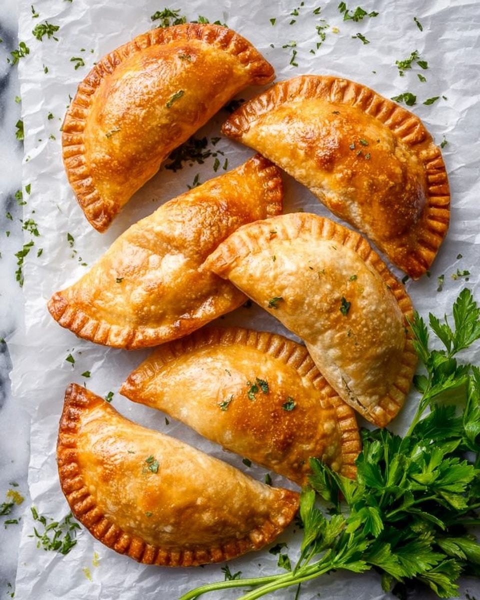 The image shows a white plate with three golden brown empanadas. One empanada is whole, with a crimped edge and shiny crust. Another is partially split open revealing a filling of light shredded meat and bright green peas inside. The third empanada is mostly whole, lying flat. The plate sits on a white marbled surface with some green leafy herbs placed nearby for garnish. The overall look is warm and fresh, highlighting the crisp texture and savory filling of the empanadas photo taken with an iphone --ar 4:5 --v 7