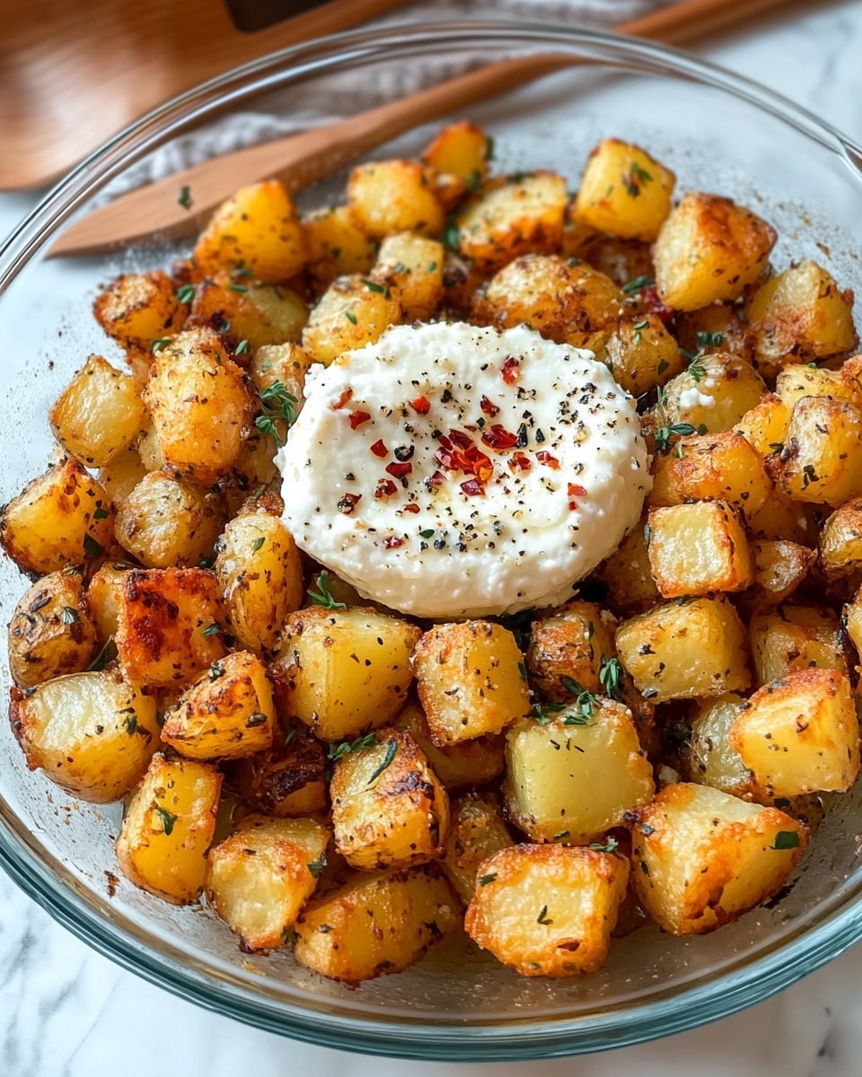 The image shows a clear round glass dish filled with crispy roasted potato cubes that are golden brown with some darker, crunchy edges, scattered with finely chopped herbs. In the center of the dish is a round, white, creamy cheese topped with crushed red pepper flakes and black pepper. The dish is placed on a surface with a white marbled texture, and there is a wooden-handled utensil next to it. photo taken with an iphone --ar 4:5 --v 6.1