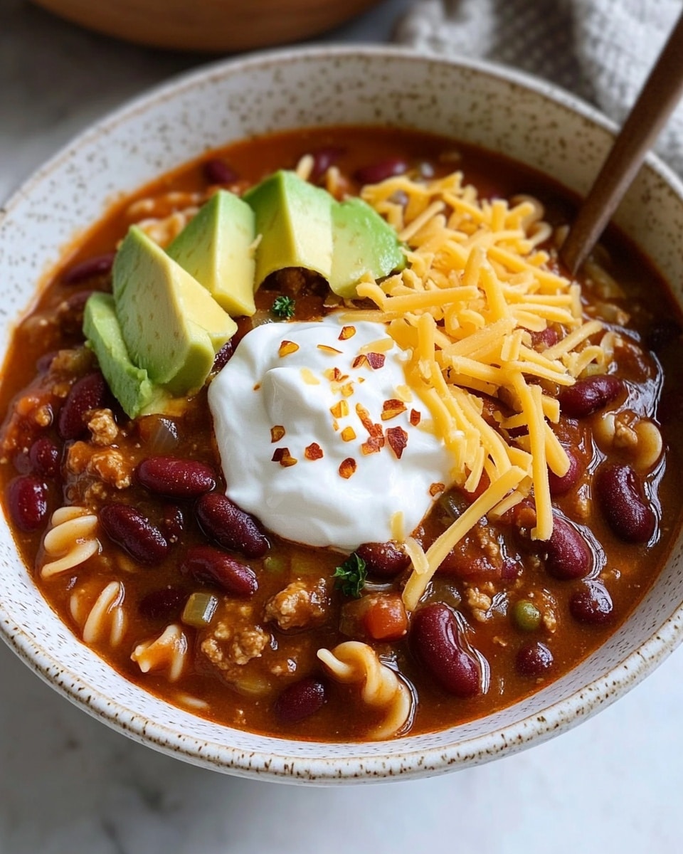 The image shows a white bowl filled with thick brown bean chili containing whole kidney and pinto beans. On top, there is a layer of shredded yellow and white cheese, a dollop of white sour cream, and chopped green onions and cilantro sprinkled with red chili flakes. A silver spoon rests inside the bowl on the right side. The bowl sits on a surface with a white marbled texture, and in the background, there is another white bowl with more green chopped onions. Photo taken with an iphone --ar 4:5 --v 6.1