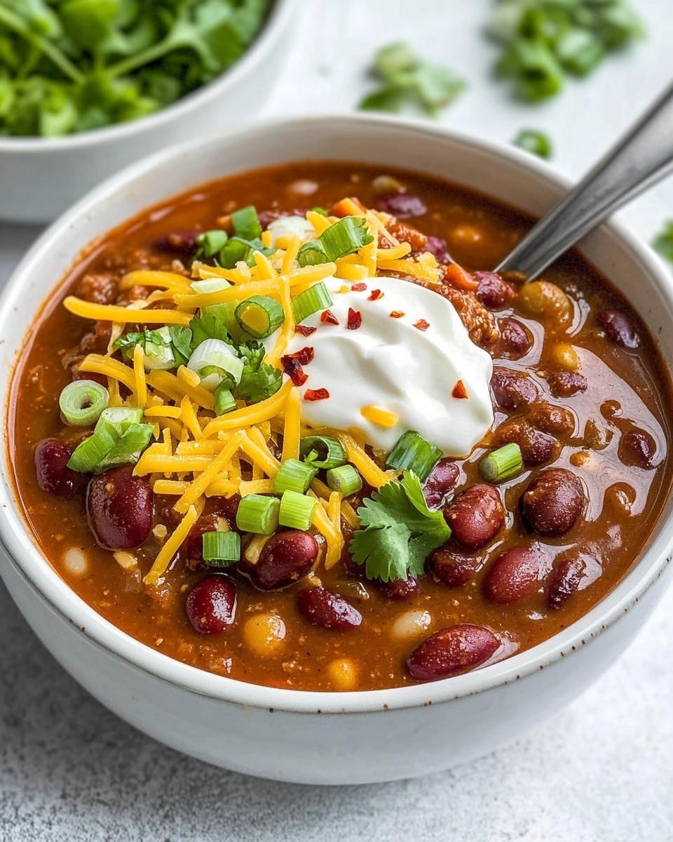 A white bowl filled with reddish-brown chili with visible kidney beans and small pasta pieces mixed in the thick stew. On top, there is a dollop of white sour cream in the center, surrounded by chunky light green avocado pieces and sprinkled yellow shredded cheese. There are also small red chili flakes on the sour cream and cheese. A spoon with a wooden handle rests inside the bowl. The bowl is placed on a soft white marbled surface, near a small brown wooden bowl. Photo taken with an iphone --ar 4:5 --v 6.1
