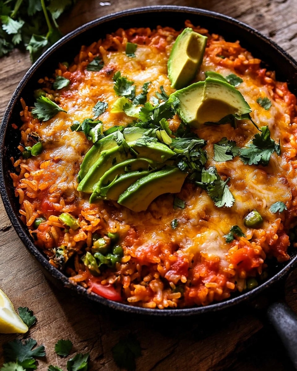 A round black pan holds a layered rice dish with melted cheese on top, showing three layers. The bottom layer is cooked rice mixed with vegetables and sauce, the middle layer has melted golden cheese with bits of tomato and herbs, and the top layer is garnished with slices of green avocado, chopped green onions, and fresh green cilantro. The pan rests on a rustic wooden surface with a lemon wedge and extra chopped cilantro around it, creating a warm inviting look. Photo taken with an iphone --ar 4:5 --v 6.1