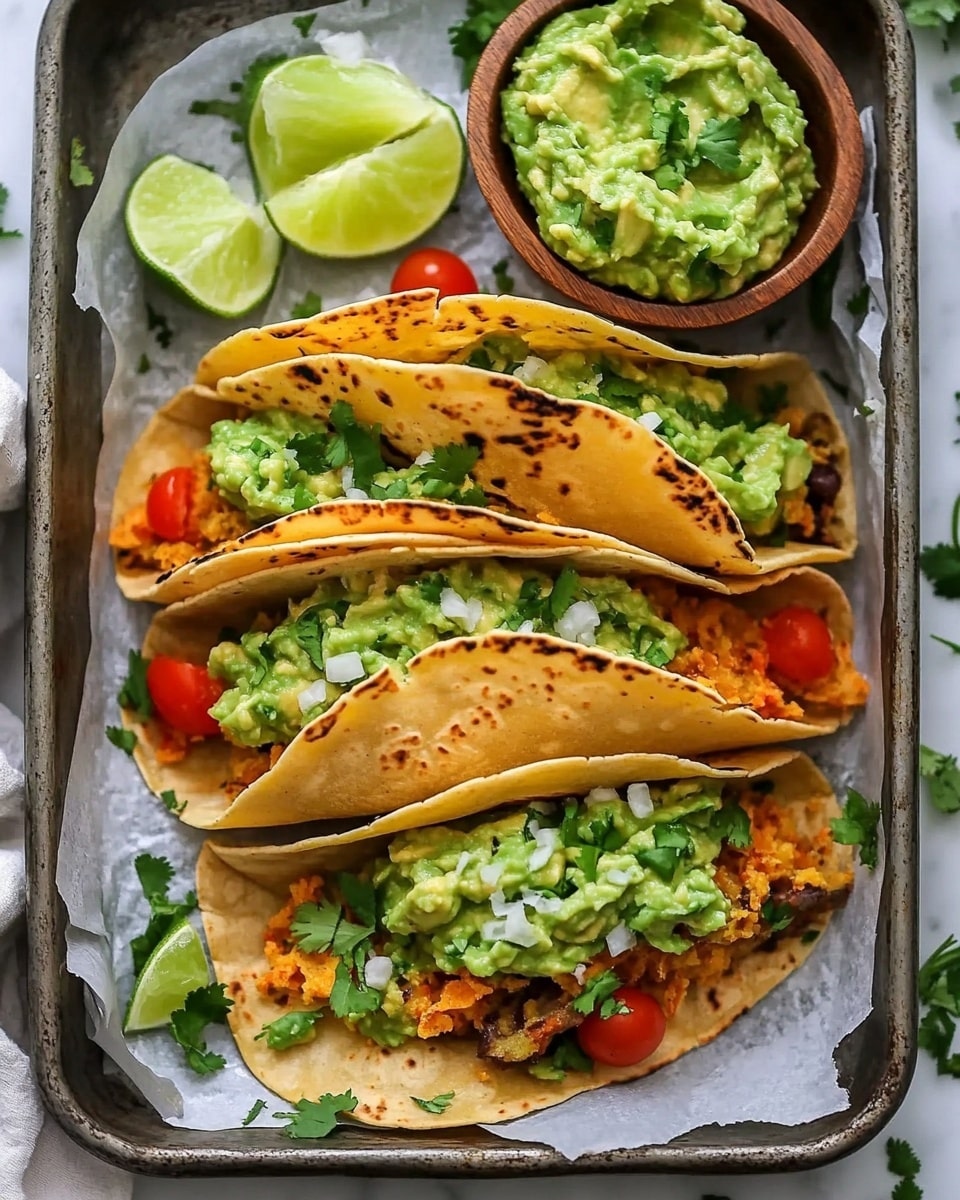 Four folded golden-brown tacos are placed on crinkled parchment paper inside a slightly worn metal tray. Each taco has a crispy, melted cheese layer peeking from under the soft folded tortilla, topped with a scoop of bright green guacamole and small red cherry tomato pieces, sprinkled with fresh green herbs and coarse salt. On the side, a small wooden bowl filled with chunky guacamole sits next to two lime wedges. The tray rests on a white marbled surface, with some loose green herbs scattered around. Photo taken with an iphone --ar 4:5 --v 6.1