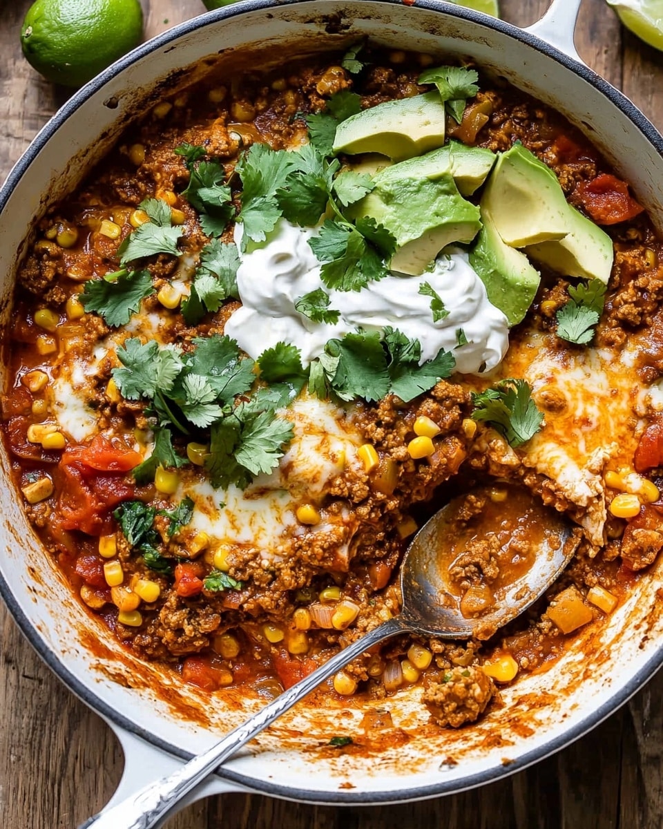 The dish is shown in a large white pan with visible layers inside. The bottom layer is a rich, thick tomato-based sauce with dark red and orange tones, mixed with chunks of cooked meat and small pieces of red bell pepper and corn kernels. On top, there is a layer of melted cheese that is golden and slightly browned around the edges. Fresh green cilantro leaves cover most of the top, along with dollops of white creamy sauce spread unevenly. Slices of bright green avocado and some white cheese crumbs add texture and color contrast. A silver spoon rests inside the pan, partially buried in the mixture, and the pan sits on a wooden surface with some squeezed lime wedges nearby. Photo taken with an iphone --ar 4:5 --v 6.1