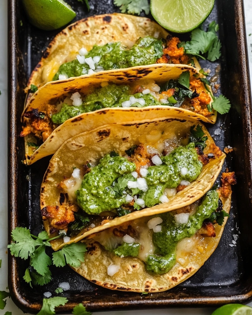 The image shows three small filled tacos arranged on a dark tray with charred spots. Each taco has a golden-brown, slightly crispy folded tortilla shell sprinkled with coarse salt. Inside the shells is a melted cheese layer combined with cooked pieces of seasoned meat and green herbs, creating a mixed orange, brown, and green texture visible at the edges. On top of each taco is a green sauce dollop, creamy in texture, and a sprinkle of finely chopped fresh green lettuce. Around the tacos are several lime wedges with bright green skin and pale green flesh. The tray rests on a white marbled surface. photo taken with an iphone --ar 4:5 --v 6.1