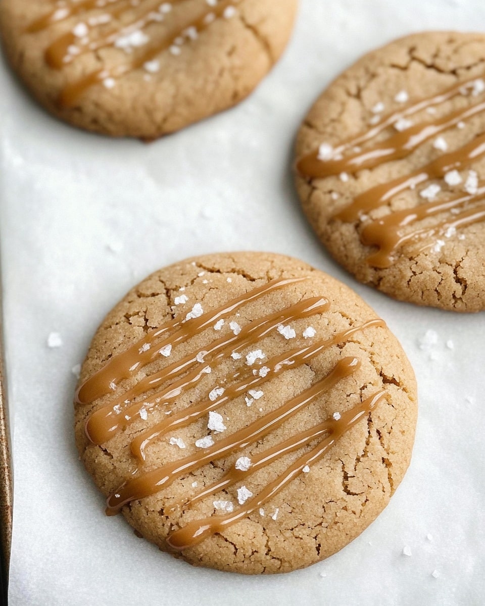 Five round cookies are shown close up on a white marbled surface with a dark wooden edge on the right. Each cookie is light brown with a slightly cracked texture, and they are drizzled with smooth caramel-colored sauce in thin lines and small dollops. There are small white flakes sprinkled on the top of the cookies adding texture. The arrangement gives a cozy, homemade feeling. photo taken with an iphone --ar 4:5 --v 6.1
