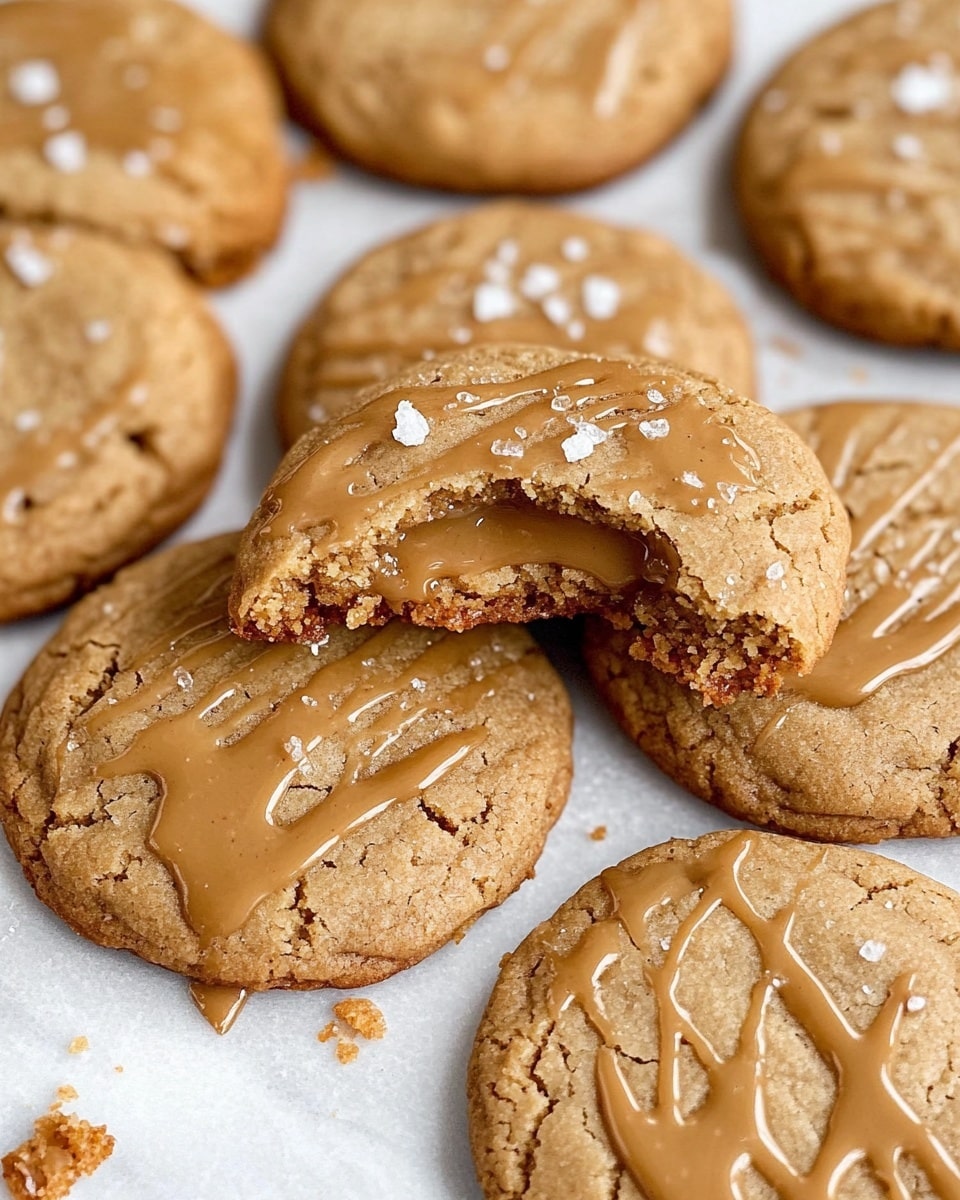 Two round light brown cookies lie on a white marbled surface covered by parchment paper. Each cookie is topped with thin, uneven swirls of caramel-colored drizzle spread across the surface, ending with small streaks beyond the cookie edges. Small white salt flakes are scattered over the cookies, adding texture and shine. The cookies have a slightly cracked, soft look, with visible edges that are a bit darker. Photo taken with an iphone --ar 4:5 --v 6.1