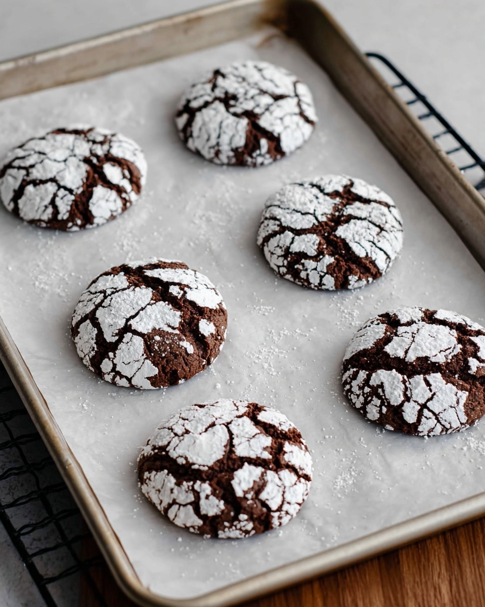 Six round chocolate cookies with cracked surfaces covered in white powdered sugar are placed on a flat sheet of white parchment paper on a metal baking tray. The cookies have a dark brown base with irregular patches of bright white powdered sugar creating a cracked pattern on top. The tray sits on a wooden surface with a black cooling rack partially visible underneath. The scene is clean and simple, showing the cookies evenly spaced on the tray. Photo taken with an iphone --ar 4:5 --v 7