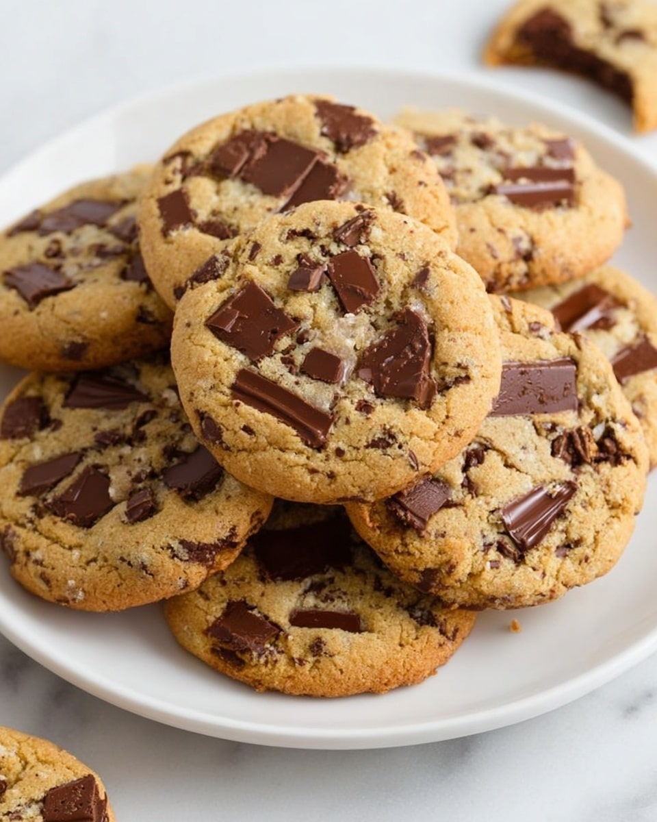 A white plate holds a stack of about eight round cookies filled with large, uneven pieces of dark chocolate scattered throughout the golden-brown cookie dough. The top cookie shows a rough, soft texture with visible chunks of chocolate on the surface. Around the plate, more cookies are partially visible on the white marbled surface, with one cookie broken slightly to show its soft inside. The scene has a close, clear view focusing on the cookies’ texture and chocolate chunks. photo taken with an iphone --ar 4:5 --v 7