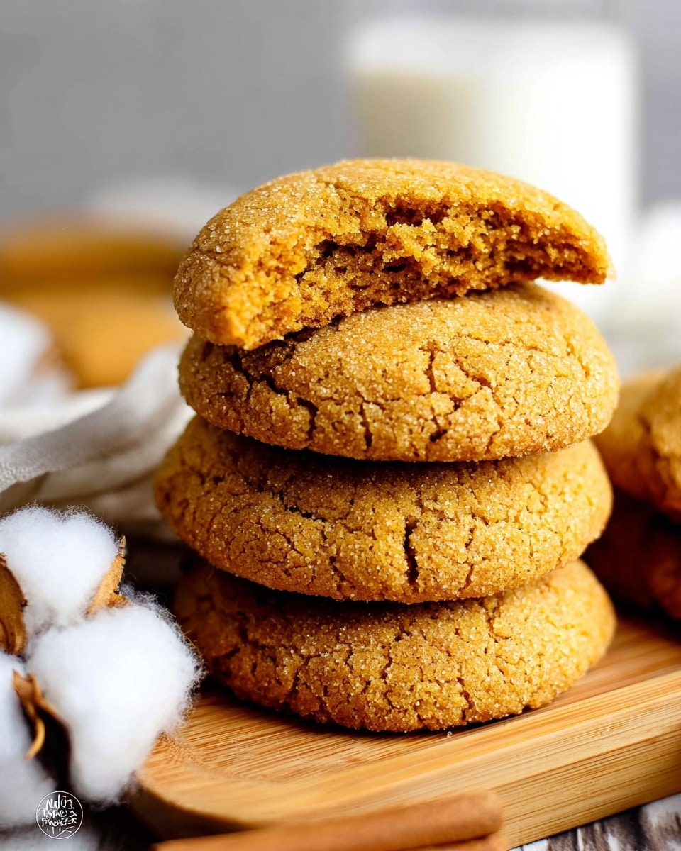 A close-up view of five golden-brown cookies stacked on a light wooden board placed on a white marbled surface, with the top cookie broken in half showing a soft and crumbly inside texture with fine cracks on the outer layer. The cookies have a rough, slightly cracked texture and a warm, inviting color. In the background, a blurred white glass of milk adds context, and some white fluffy cotton balls with gray cloth edges are scattered slightly in the left foreground. photo taken with an iphone --ar 4:5 --v 7