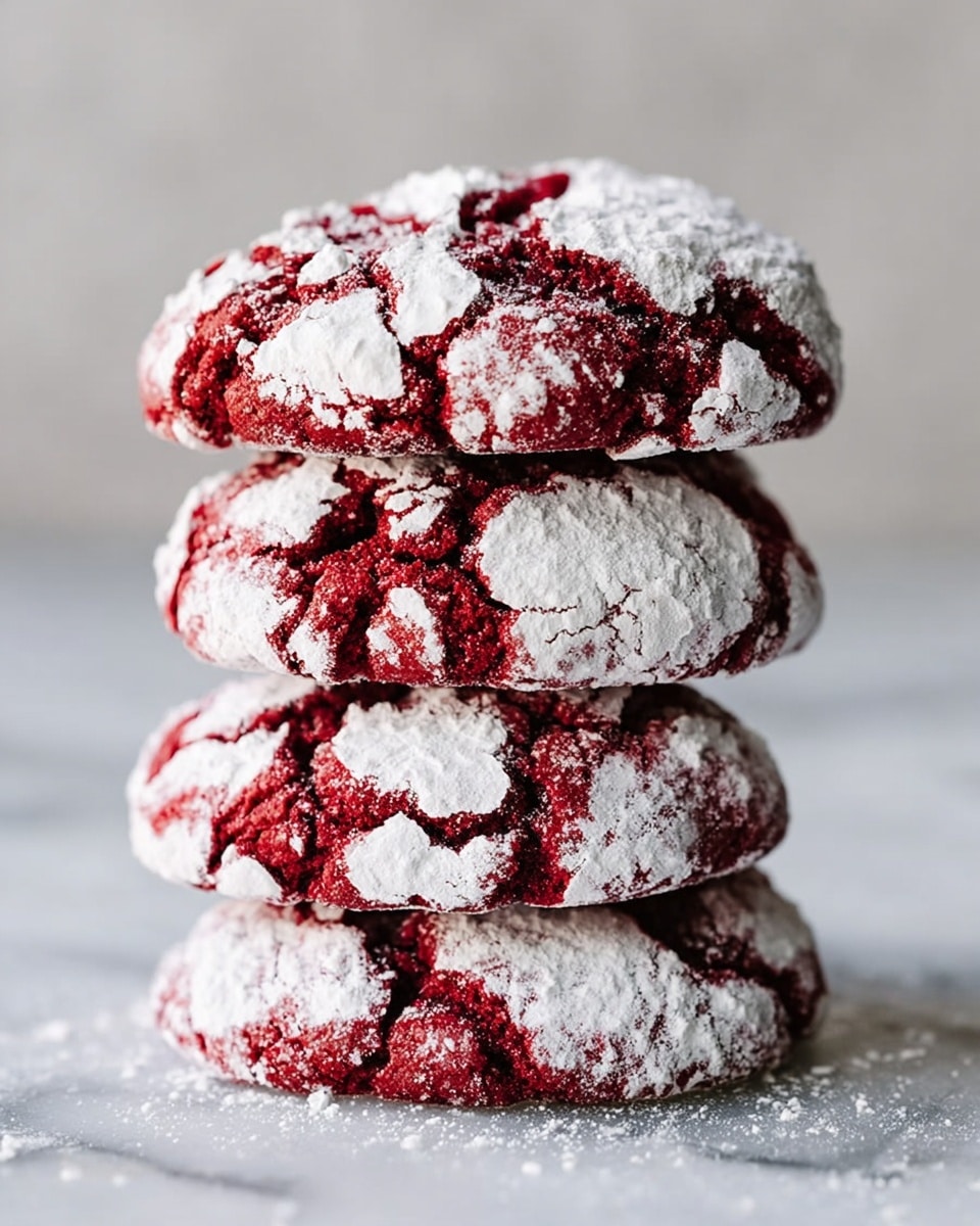 A stack of four red velvet cookies covered in white powdered sugar, each cookie showing a cracked texture with dark red inside peeking through the powdered sugar on top. The cookies are placed directly on a white marbled surface, and the image focuses closely on the stacked cookies, showing their round shape and soft texture. The background is blurred and light gray, keeping the focus on the cookies. photo taken with an iphone --ar 4:5 --v 7