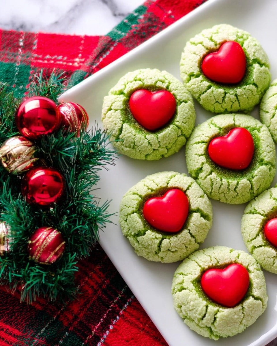 The image shows a group of eight small round cookies with a cracked green outer layer that looks soft and fluffy. Each cookie has a bright red heart-shaped candy placed in the center. The cookies are arranged on a white rectangular plate, which rests on a red and green plaid cloth. In the corner of the image, there is a small decoration with green artificial pine leaves and shiny red and gold ornaments. The background surface is a white marbled texture. photo taken with an iphone --ar 4:5 --v 7