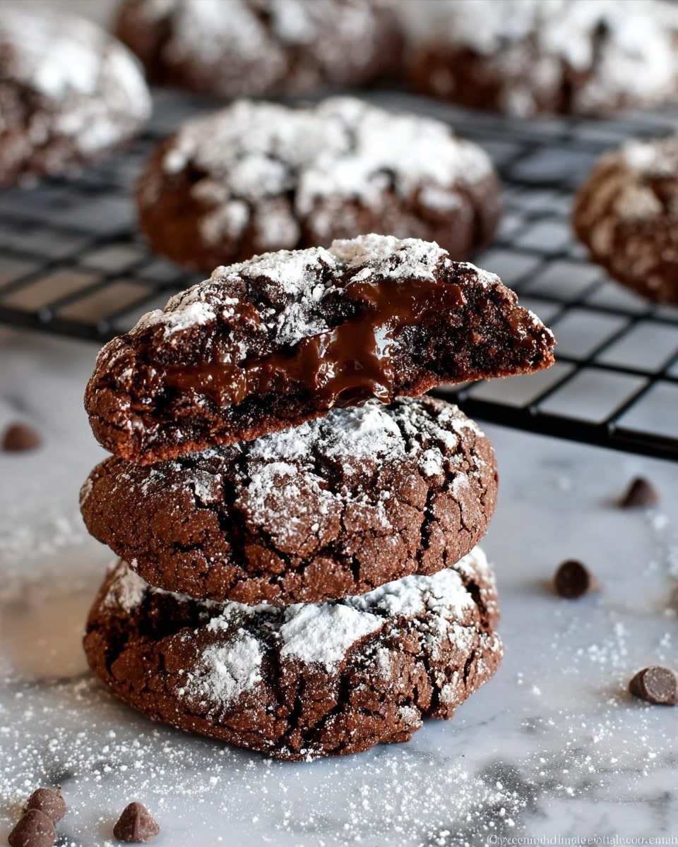 The image shows a stack of three dark brown chocolate cookies with a cracked texture on the outside and dusted with white powdered sugar. On top of the stack, a cookie is broken in half to show the soft chocolate inside, with melted chocolate pieces visible. More cookies dusted with powdered sugar are in the background on a black cooling rack and on a white marbled surface. Some powdered sugar is scattered around the stack on the white marbled surface. photo taken with an iphone --ar 4:5 --v 7