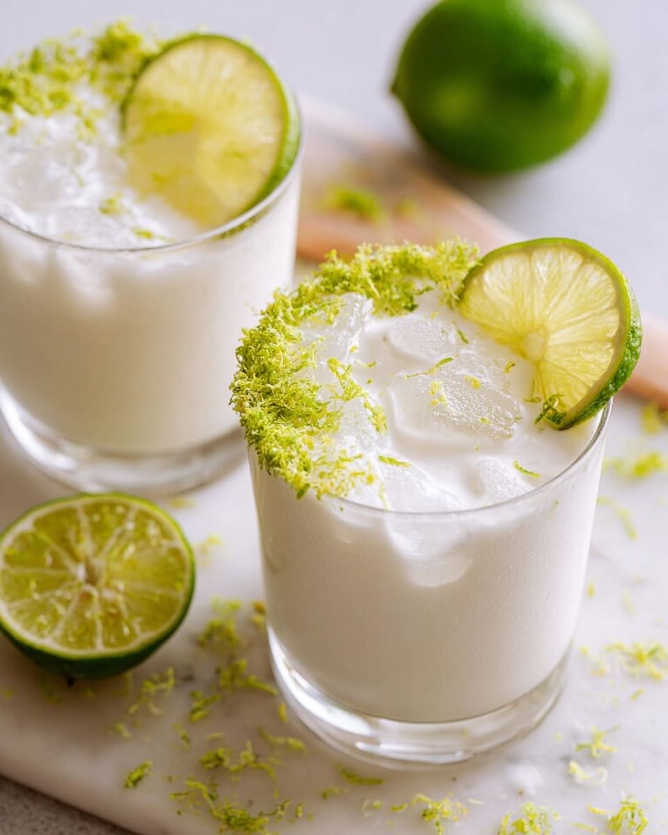 Two clear glasses filled with a creamy white drink and ice cubes are shown on a white marbled surface. Each glass has a rim decorated with bright green lime zest, creating a textured, colorful border mostly around one side. A thin slice of lime with green peel and yellow inside is placed on the edge of each glass. In the background, a halved lime and some scattered lime zest and bright green flecks are visible. The scene is bright and fresh with a clean look, photo taken with an iphone --ar 4:5 --v 7