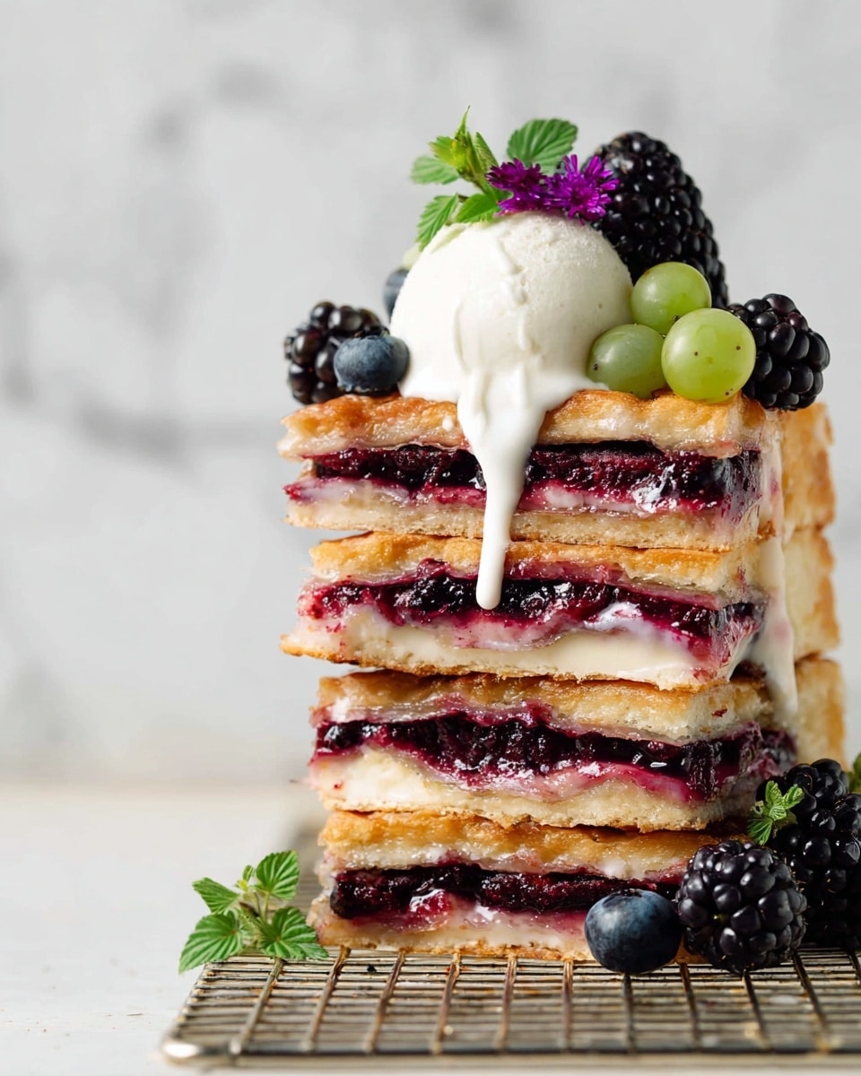 A stack of four square pieces of fruit-filled pastry bars with golden-brown crust layers separated by thick, dark red berry filling; a white creamy sauce drips down the front of the stack. On top, a scoop of white ice cream sits, decorated with fresh blackberries, unripe green blackberries, a purple blueberry, and small green leaves. The stack is placed on a metallic cooling rack with a blurred white marbled background. Photo taken with an iphone --ar 4:5 --v 7