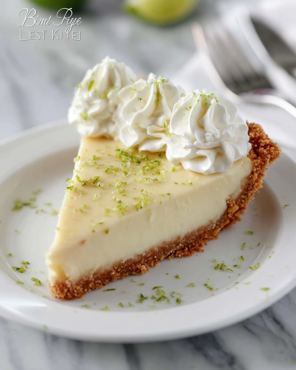 A key lime pie is shown in a clear glass pie dish resting on a white marbled surface with a green cloth underneath. The pie has three visible layers: the outer layer is a golden-brown crumb crust that lines the edge, the middle layer is a smooth pale yellow filling with tiny lime zest pieces scattered on top, and the top layer is decorated with evenly spaced white whipped cream swirls around the edge, each swirl also sprinkled lightly with green lime zest. The background includes two green lime halves. Photo taken with an iphone --ar 4:5 --v 7