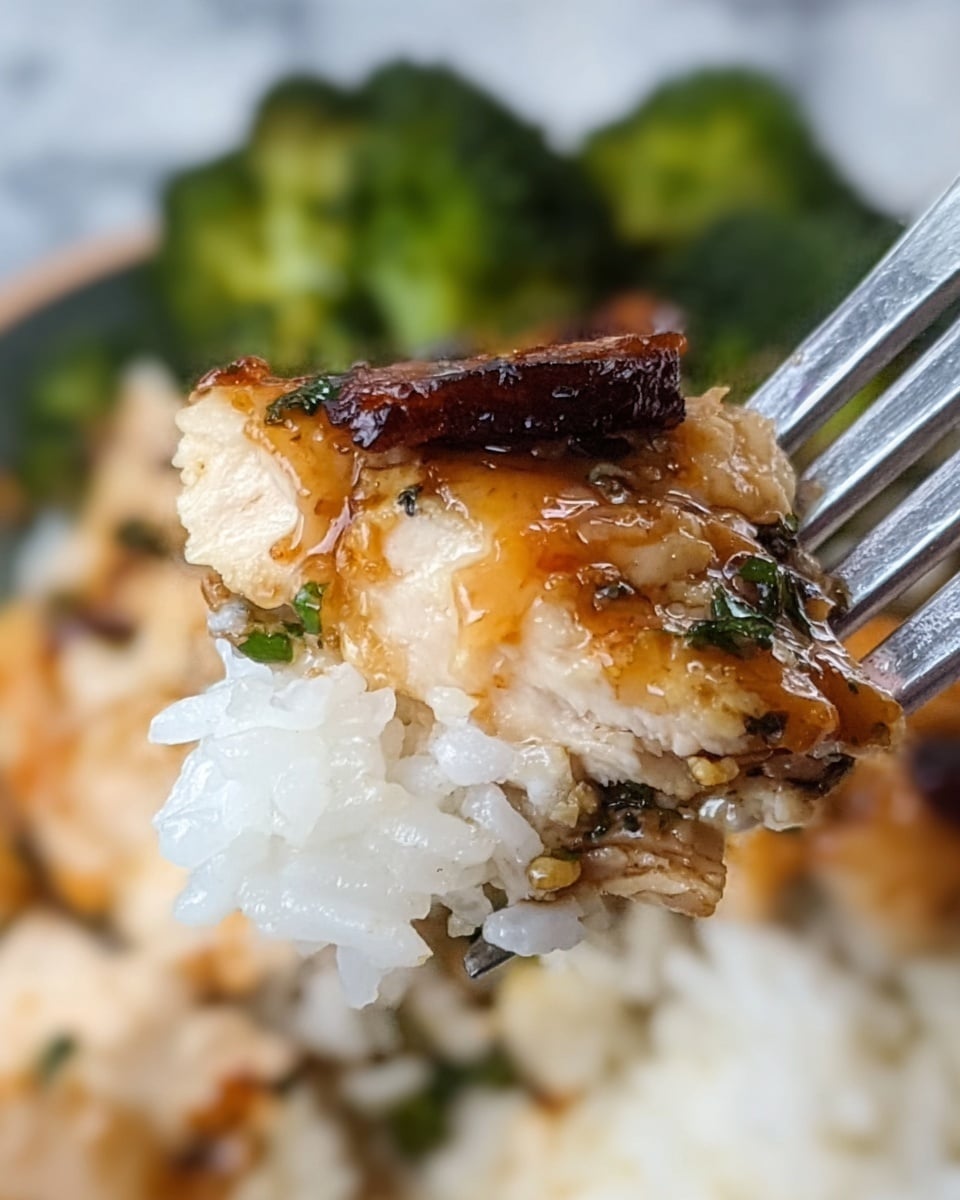 A close-up of a bite on a fork showing three layers: the bottom layer is white, fluffy cooked rice, the middle layer is tender cooked chicken with a golden-brown, shiny glaze and some green herb bits, and the top layer shows a small dark brown piece of meat with a slightly crispy edge. In the blurred background, there is a glimpse of white rice and green cooked broccoli on a white marbled surface. The image is detailed and focuses on the textures of the food. Photo taken with an iphone --ar 4:5 --v 7