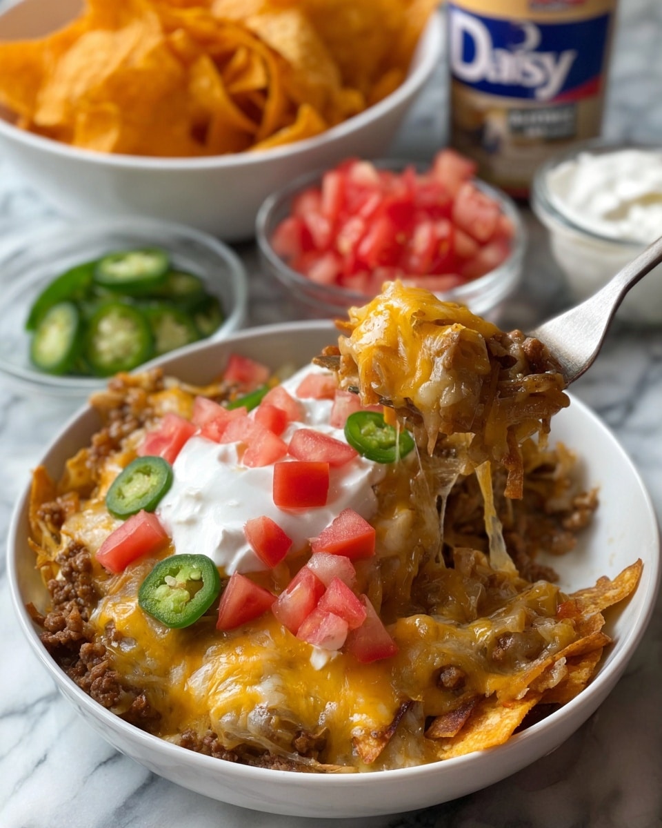 A close-up of a white bowl filled with a messy layered dish starting with a base of browned ground meat mixed with melted yellow and white cheese, topped with diced red tomatoes, slices of green jalapeños, dollops of white sour cream, and broken orange tortilla chips scattered on top. A fork lifts a large bite showing gooey melted cheese, meat, and noodles or shredded ingredients coated in sauce with pieces of tomato and chip. In the background, there is a white bowl full of orange tortilla chips, a white bowl with diced tomatoes, a white bowl with sliced jalapeños, and a container of sour cream, all placed on a white marbled surface. Photo taken with an iphone --ar 4:5 --v 7
