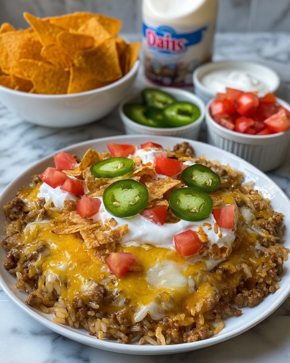A white plate sits on a white marbled surface filled with a layered dish of cooked ground meat mixed with rice, topped with melted yellow and white cheese creating a gooey texture. On top, there are dollops of white sour cream mixed with broken orange chips pieces and fresh bright green jalapeño slices. Diced red tomatoes are scattered across the dish. Behind the plate, a white bowl filled with orange tortilla chips is placed next to two smaller white bowls, one with diced red tomatoes and the other with sliced green jalapeños. A container of sour cream stands in the background. Photo taken with an iphone --ar 4:5 --v 7