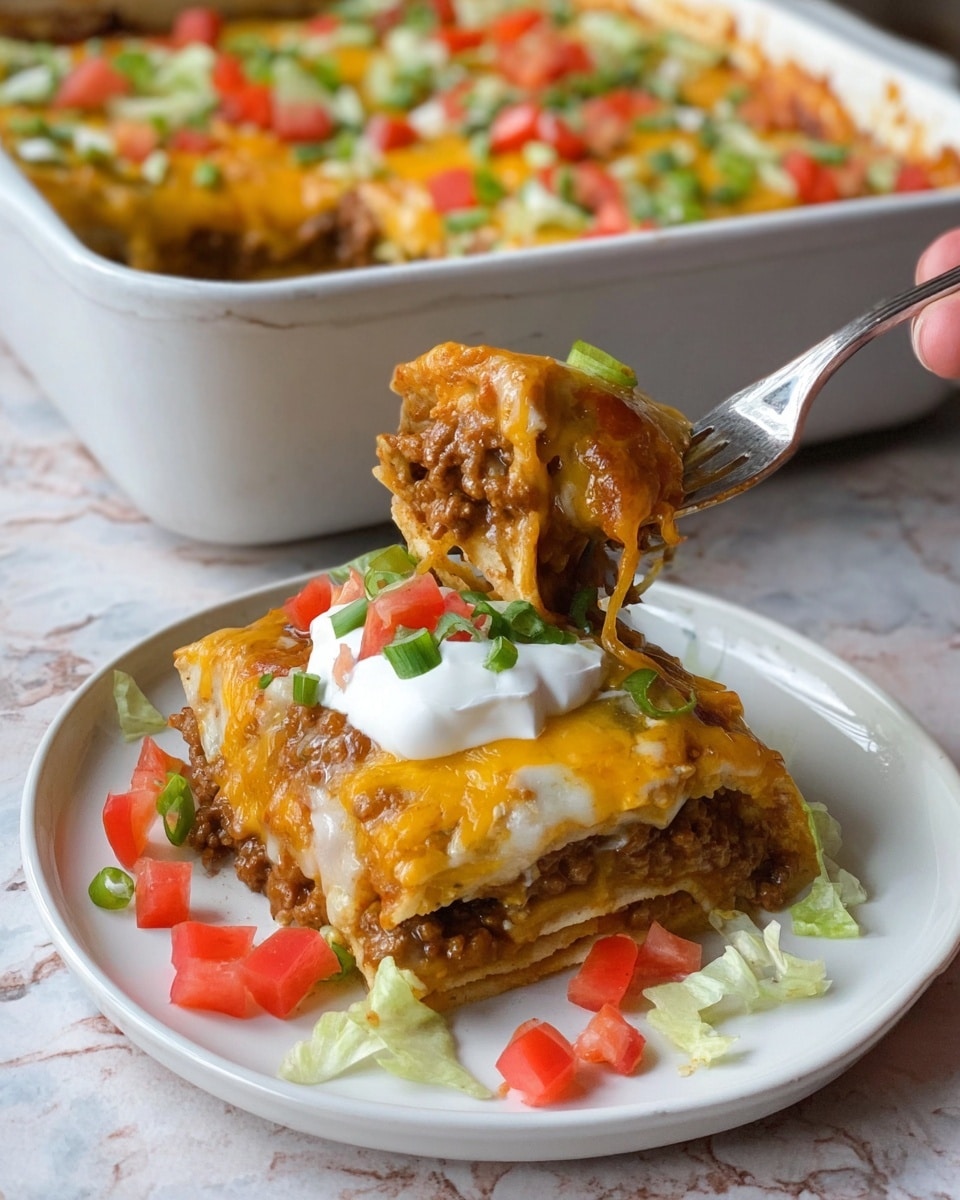 A white rectangular baking dish with red handles holds a layered enchilada dish. The bottom layer consists of sauce-covered tortillas, topped with a thick layer of melted white and yellow cheese that covers the entire surface and drips slightly over the edges. Scattered green chopped onions are sprinkled evenly on top, adding a fresh pop of color. The dish sits on a white marbled surface, and the cheese layer shows a smooth, bubbly texture lightly browned in some parts. photo taken with an iphone --ar 4:5 --v 7