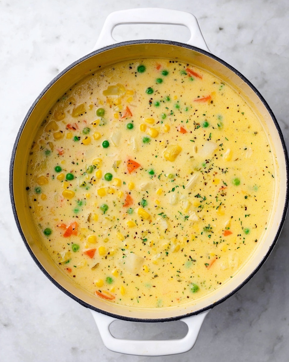 A large white pot filled with thick creamy soup that is light yellow in color. The soup has small green peas, yellow corn, orange carrot pieces, and small white chunks mixed evenly throughout. The texture of the soup looks smooth and creamy with tiny herbs sprinkled in, giving a hint of green and black specks. The pot sits on a white marbled surface with visible white handles on each side. Photo taken with an iphone --ar 4:5 --v 7