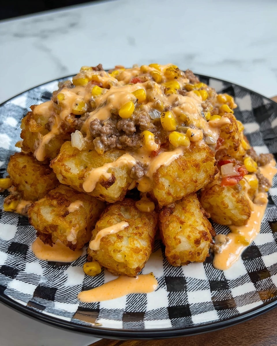 A stack of golden brown, crispy tater tots forms the base layer on a white plate with a black and white checkered pattern. Mixed into and on top of the tater tots is a chunky mixture of ground beef, yellow corn kernels, and bits of onion, creating a textured second layer with light and dark browns and yellow accents. The whole dish is drizzled generously with an orange creamy sauce that covers the top and sides, adding a smooth, glossy finish. The plate sits on a white marbled surface. photo taken with an iphone --ar 4:5 --v 7