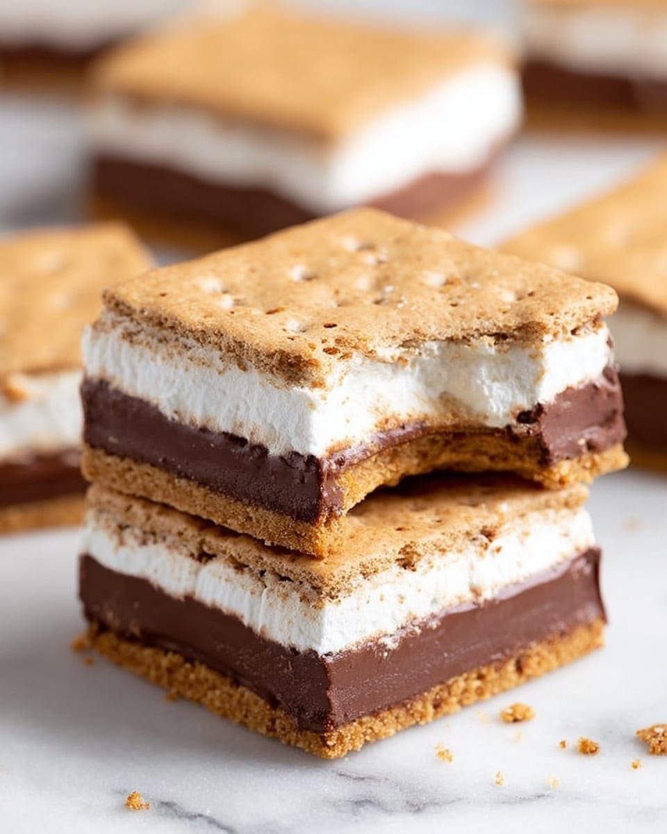 The image shows a stack of three layered s'mores bars on a white marbled surface. Each bar has four clear layers: a light brown, crunchy graham cracker base and top layer with a slightly rough texture, a thick middle layer of smooth, rich dark brown chocolate, and a thick top layer of white, fluffy marshmallow cream, slightly uneven with a soft texture. The bars are neatly cut into squares and stacked with the layers clearly visible and aligned. In the background, more bars are slightly out of focus, and there is a single small white marshmallow near the base of the stack. photo taken with an iphone --ar 4:5 --v 7