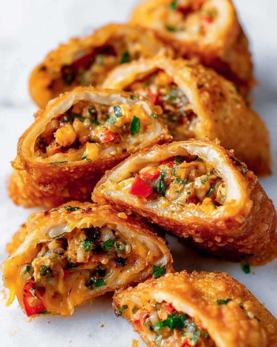 The image shows several pieces of stuffed bread with a golden-brown crust, placed on a wooden surface over a white marbled background. Each piece appears to have two visible layers: the outer crust is smooth and baked to a shiny golden color with small seeds sprinkled on top, while the inside reveals a creamy filling mixed with small bits of red and yellow peppers and chunks of sausage, creating a colorful, textured mix. The bread pieces are cut into triangular shapes, showing a thick crust surrounding the soft filling. photo taken with an iphone --ar 4:5 --v 7