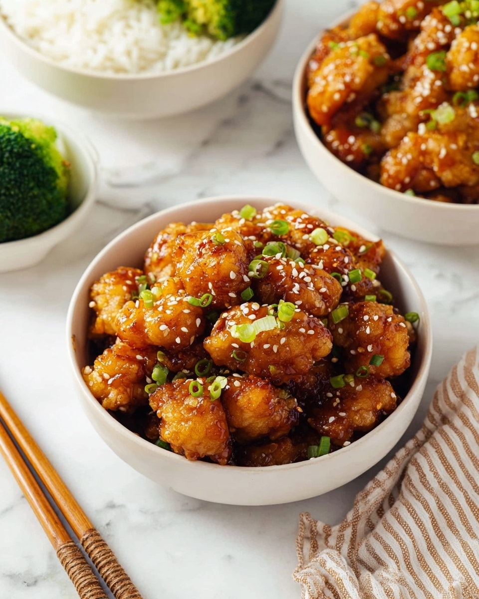 A white bowl filled with crispy golden-brown chicken pieces coated in a shiny sauce, topped with white sesame seeds and small green onion slices scattered evenly on top. Behind it, there is another bowl with more fried chicken, also golden brown. To the right, a small white bowl holds chopped green onions, and in the bottom left corner, there is a white bowl with steamed white rice and a bright green broccoli floret on top. The scene is set on a white marbled surface with a light beige cloth and wooden chopsticks visible on the right side. Photo taken with an iphone --ar 4:5 --v 7