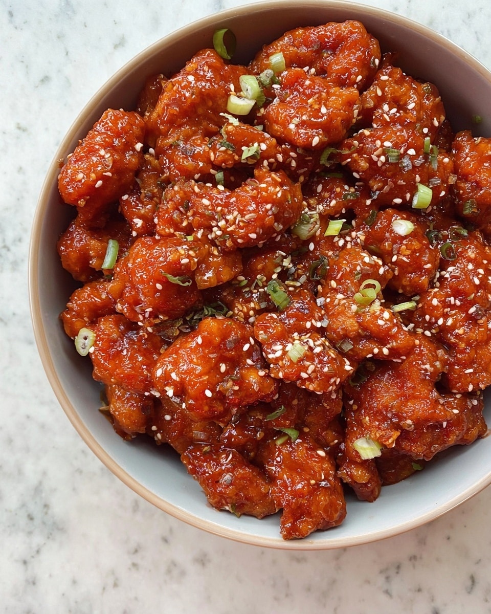 The image shows a bowl full of sticky reddish-orange chicken pieces covered in a shiny sauce. The chicken pieces have a rough, uneven texture and are sprinkled with white sesame seeds and small pieces of light green onion. The bowl is white and is placed on a white marbled surface, taking up most of the frame from the top view. The sauce is thick and coats each piece fully, giving a rich color and a wet look. Photo taken with an iphone --ar 4:5 --v 7