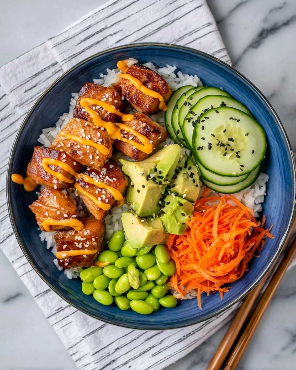 A blue bowl filled with a base layer of white rice takes up about half of the bowl. On the top left, there are six browned pieces of grilled salmon topped with a drizzle of bright orange sauce and white sesame seeds. Next to the salmon, thin slices of cucumber sprinkled with black sesame seeds are arranged in a neat stack. Below the salmon, there are diced light green avocado pieces sprinkled with black sesame seeds, and next to them bright green edamame beans. To the right of the edamame is a pile of shredded orange carrots. The bowl sits on a white marbled surface with wooden chopsticks on a white cloth with grey stripes. Photo taken with an iphone --ar 4:5 --v 7