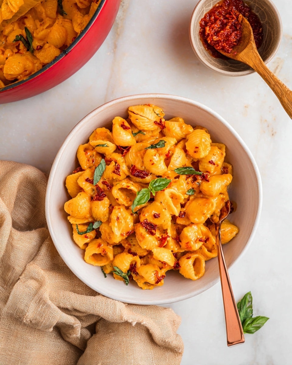 A white bowl filled with bright orange creamy pasta shells coated in sauce, with small bits of red sun-dried tomatoes scattered throughout the pasta. Fresh green basil leaves are placed on top for garnish. A copper fork rests inside the bowl on the right side. In the top left corner, a red cooking pot with more orange pasta is partially visible. To the top right, there is a small white bowl with chunky red sauce and a wooden spoon inside. A crumpled light brown cloth lies underneath the bowl on a white marbled surface. Photo taken with an iphone --ar 4:5 --v 7