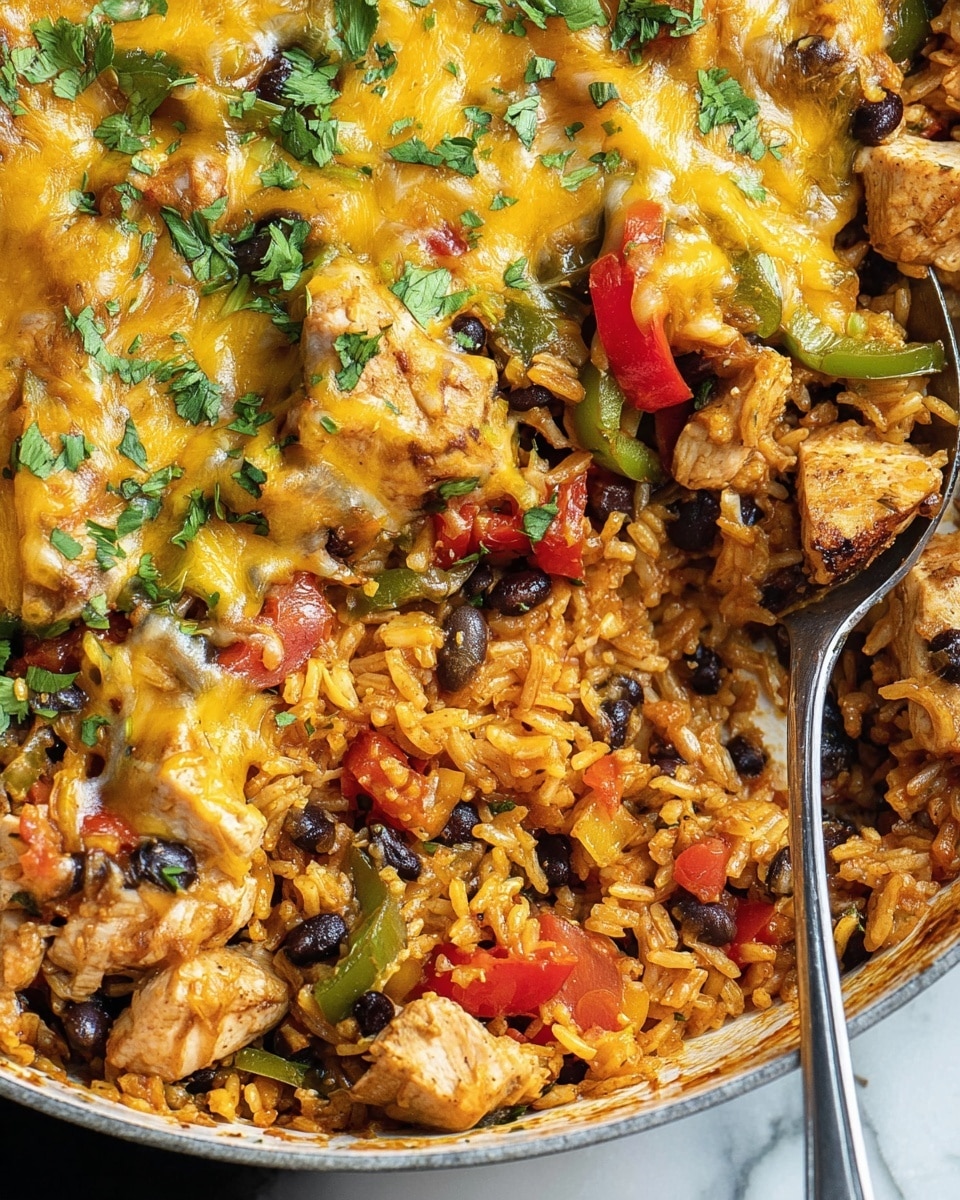 The image shows a close-up of a mixed cooked dish with three main layers clearly visible: the bottom layer is orange rice mixed with black beans and small tomato pieces, the middle layer features chunks of lightly browned chicken and strips of green and red bell peppers, and the top layer is melted yellow cheese spread unevenly over the dish with some fresh chopped green herbs sprinkled on top. A silver spoon rests on the right side, partially scooping the food, and the background is a white marbled texture. Photo taken with an iphone --ar 4:5 --v 7