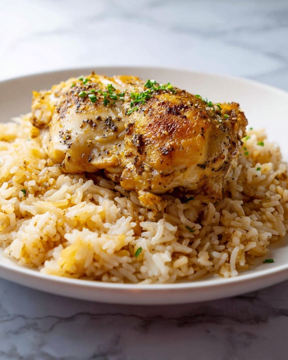 A white plate holds a serving of cooked rice as the bottom layer, with a light golden brown color mixed with small green herbs scattered on top. Resting on the rice is a single piece of cooked chicken, browned on the outside with visible seasoning and slight crispiness. The chicken's texture shows herbs and spices baked into the skin, adding a speckled dark detail. The plate is set on a white marbled surface. photo taken with an iphone --ar 4:5 --v 7