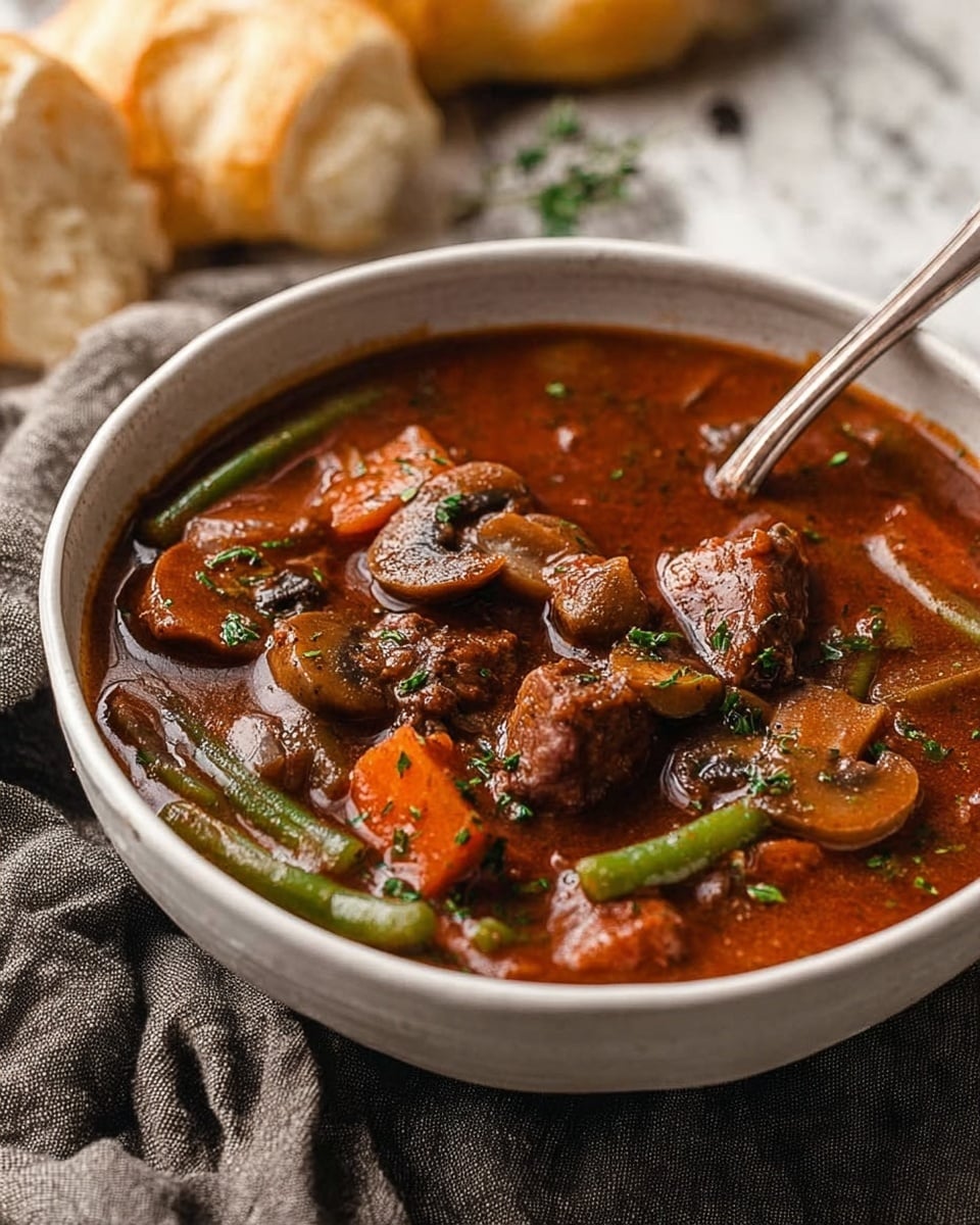 A white bowl filled with thick stew showing at least three layers of ingredients: a deep brownish-red sauce base, chunks of browned meat, and visible pieces of green beans, carrot slices, and mushrooms mixed throughout. The stew looks rich and hearty with some green herbs sprinkled on top for color. A metal spoon rests inside the bowl, partly submerged in the stew. The bowl sits on a textured grayish cloth over a white marbled surface, with soft bread pieces blurred in the background. photo taken with an iphone --ar 4:5 --v 7