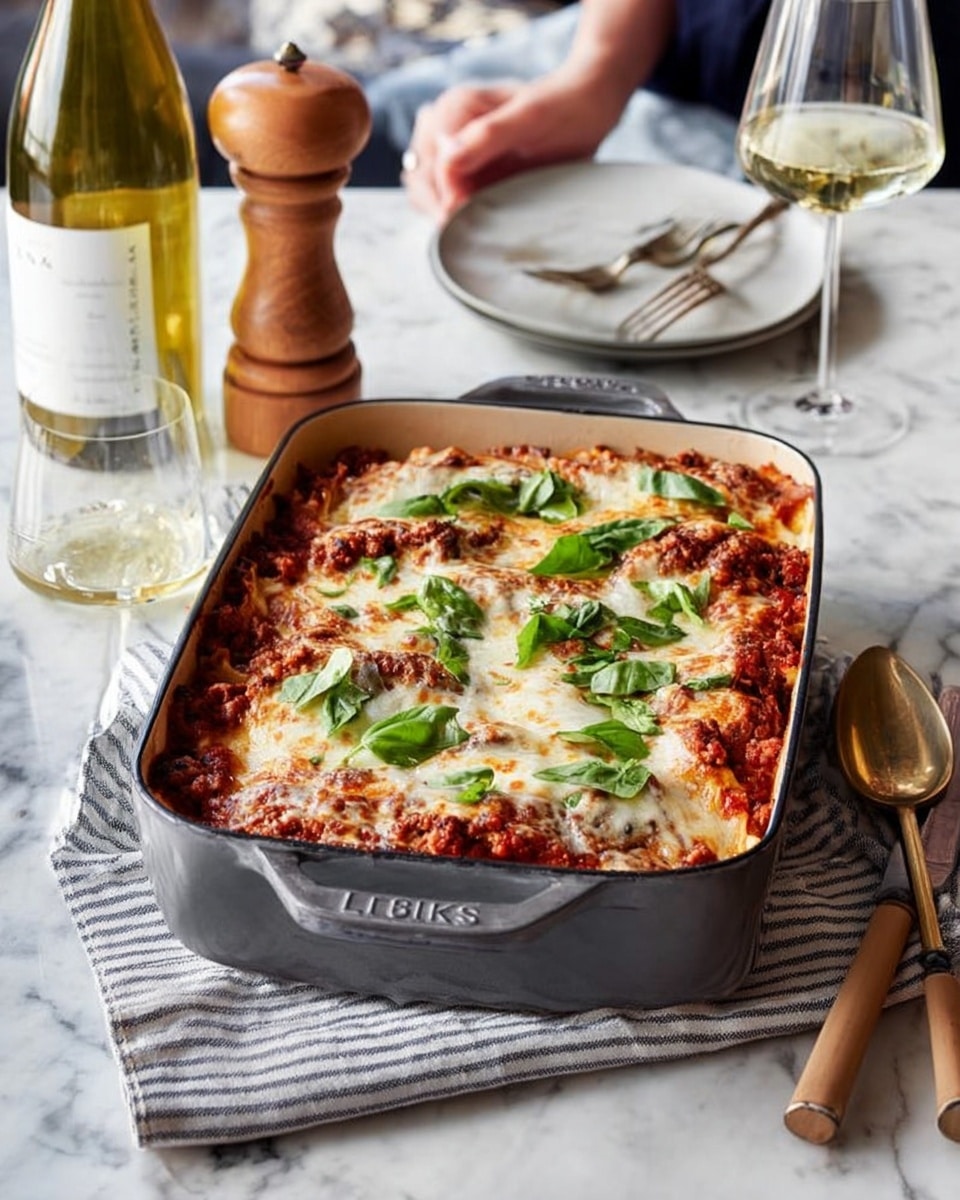 A rectangular grey baking dish holds a freshly baked lasagna with three main visible layers: the bottom layer is a rich, dark red tomato sauce with ground meat mixed in, the middle layer is creamy, melted white cheese, and the top layer is melted cheese dotted with fresh green basil leaves scattered on top. The dish sits on a striped cloth on a white marbled surface. Next to the dish, there are two forks and one spoon placed casually, with a glass of white wine nearby. In the background, there is a wooden pepper grinder, a bottle of white wine, two glasses of white wine, and a woman’s hand holding one of the wine glasses. The atmosphere is cozy and inviting. photo taken with an iphone --ar 4:5 --v 7