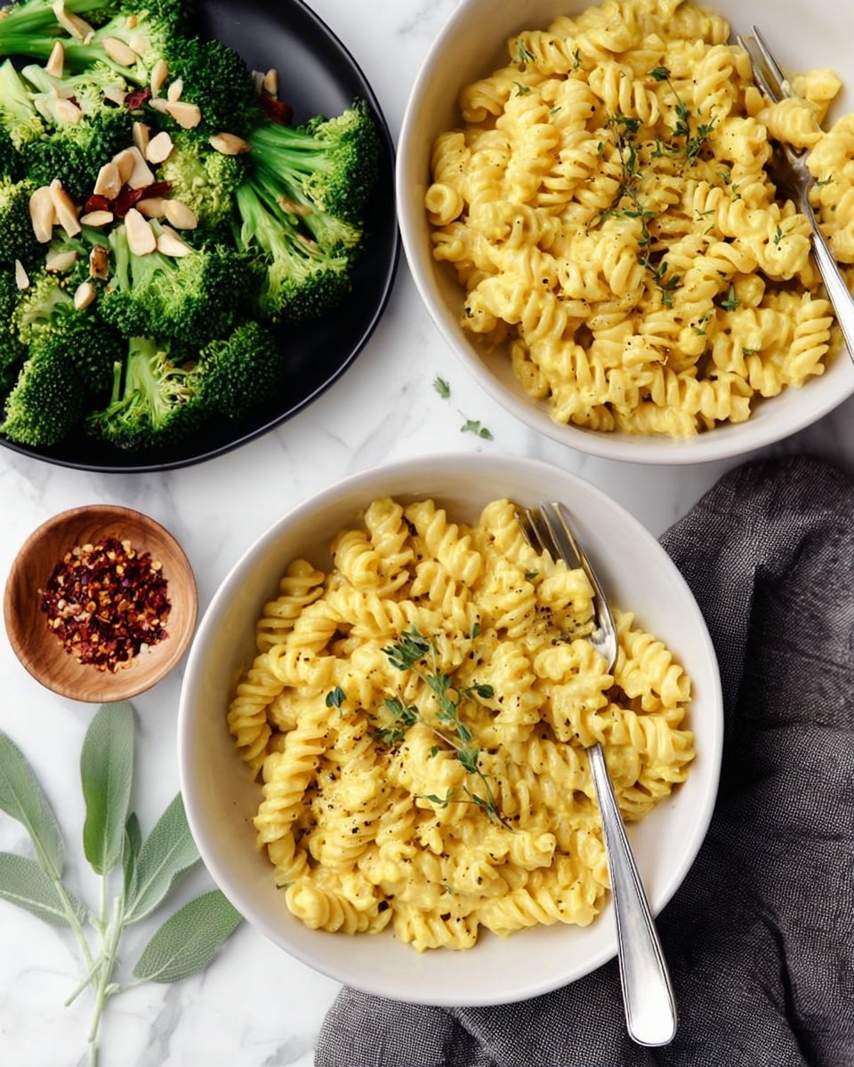 The image shows two white bowls filled with creamy yellow rotini pasta sprinkled with small green herb leaves and black pepper. Each bowl has a silver fork resting inside, slightly embedded in the pasta. To the top left of the pasta bowls, there is a black plate with bright green broccoli florets, some topped with thin slices of almonds and red pepper flakes. Below the broccoli plate, there is a small round wooden dish with red pepper flakes. Fresh green herb sprigs and sage leaves are scattered around the bowls and plate on a white marbled surface. A dark gray cloth napkin sits beneath the bowls on the right side. photo taken with an iphone --ar 4:5 --v 7