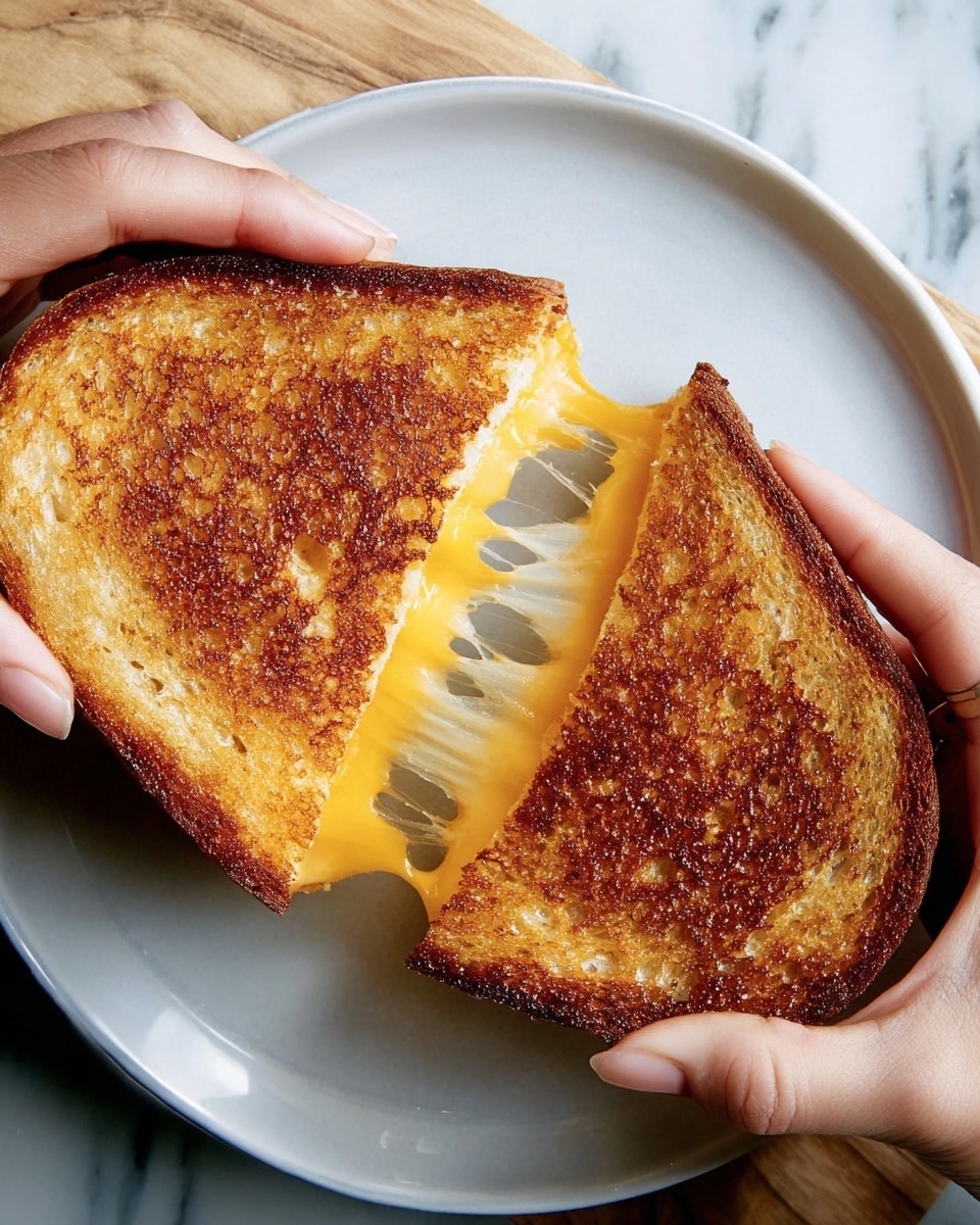 Two toasted triangle-shaped bread slices with a golden brown, crispy texture are held apart by two woman's hands, revealing melted, stretchy yellow cheese in between the layers. The toast is placed above a white plate, and the background shows a white marbled texture surface with a light wood pattern visible nearby. Photo taken with an iphone --ar 4:5 --v 7