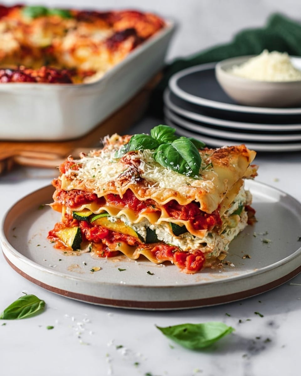 A white rectangular baking dish filled with a three-layer lasagna, each layer showing a rich mix of melted golden-brown cheese, red tomato sauce, and soft pasta sheets beneath. The top layer is bubbly and browned with spots of deeper gold and some melted cheese stretching across the dish. Bright green fresh basil leaves are scattered on top, adding fresh color contrast to the warm tones of the lasagna. The dish is placed on a white marbled surface with some fresh basil leaves around it. photo taken with an iphone --ar 4:5 --v 7